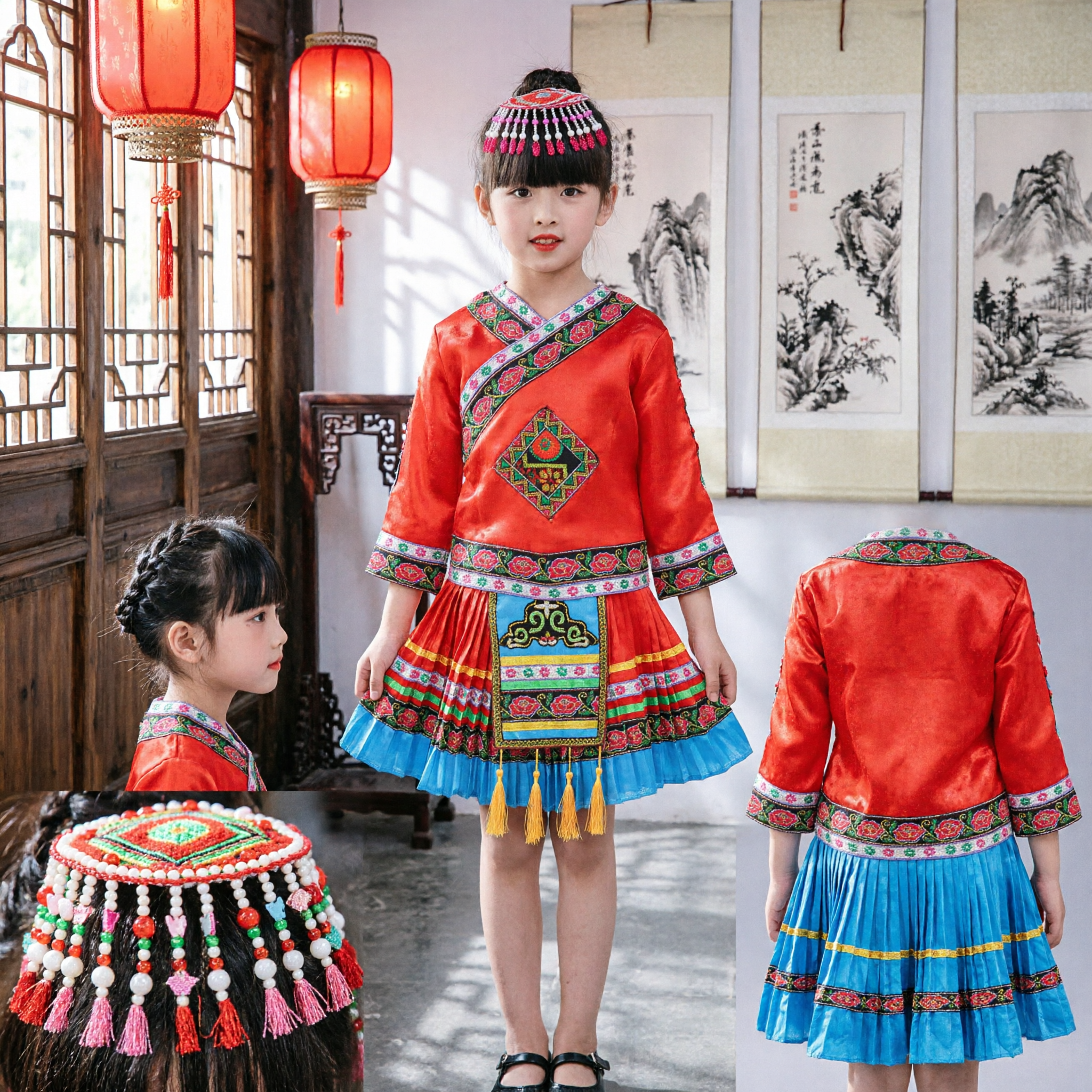 Costume traditionnel de l'ethnie Miao chinoise pour enfants filles - Robe de danse folklorique pour spectacle - Asian Costume