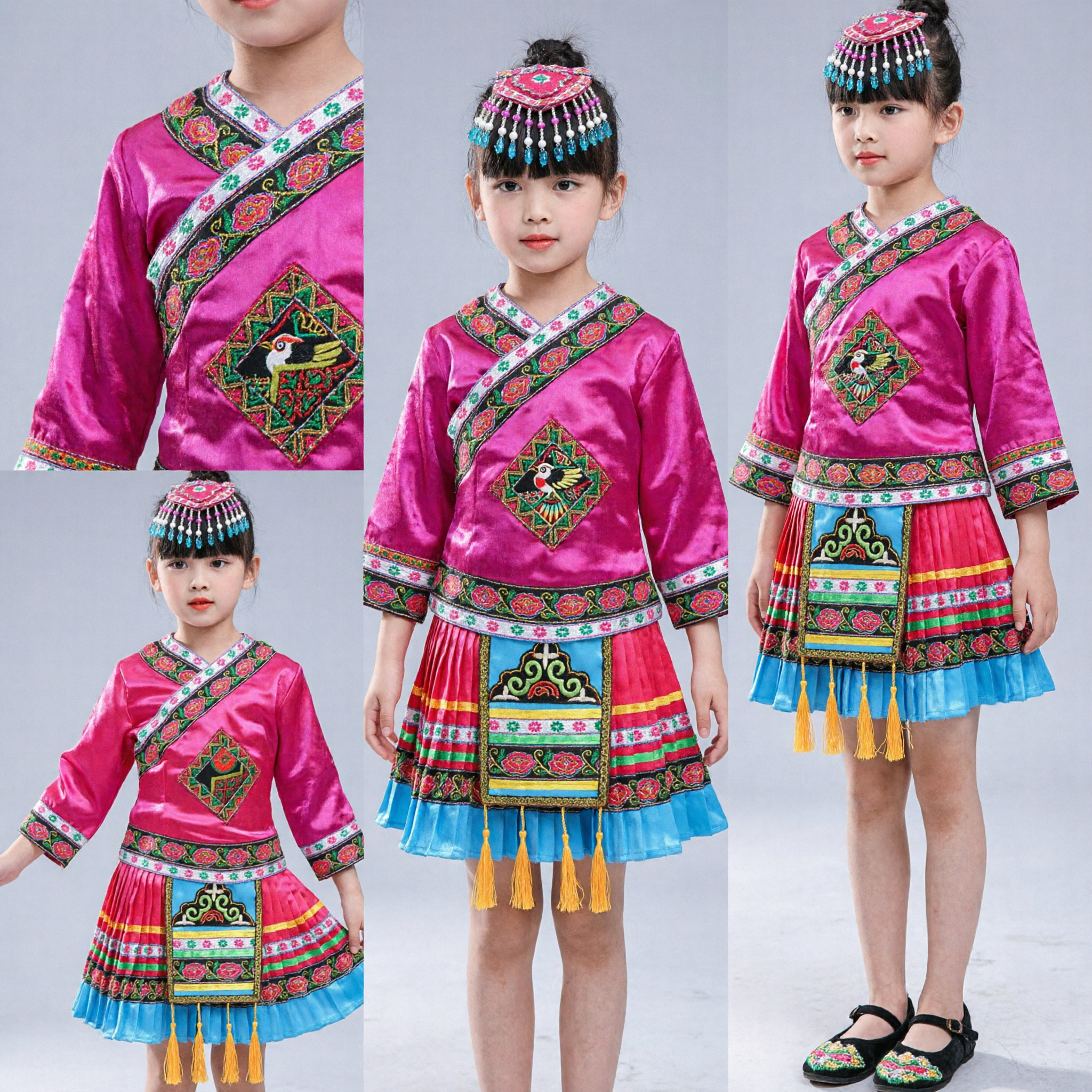 Chinesisches traditionelles Miao-Ethnische-Minderheiten-Kostüm für Kinder Mädchen Rosa Volkstanz Bühnenauftrittskleid - Asian Costume