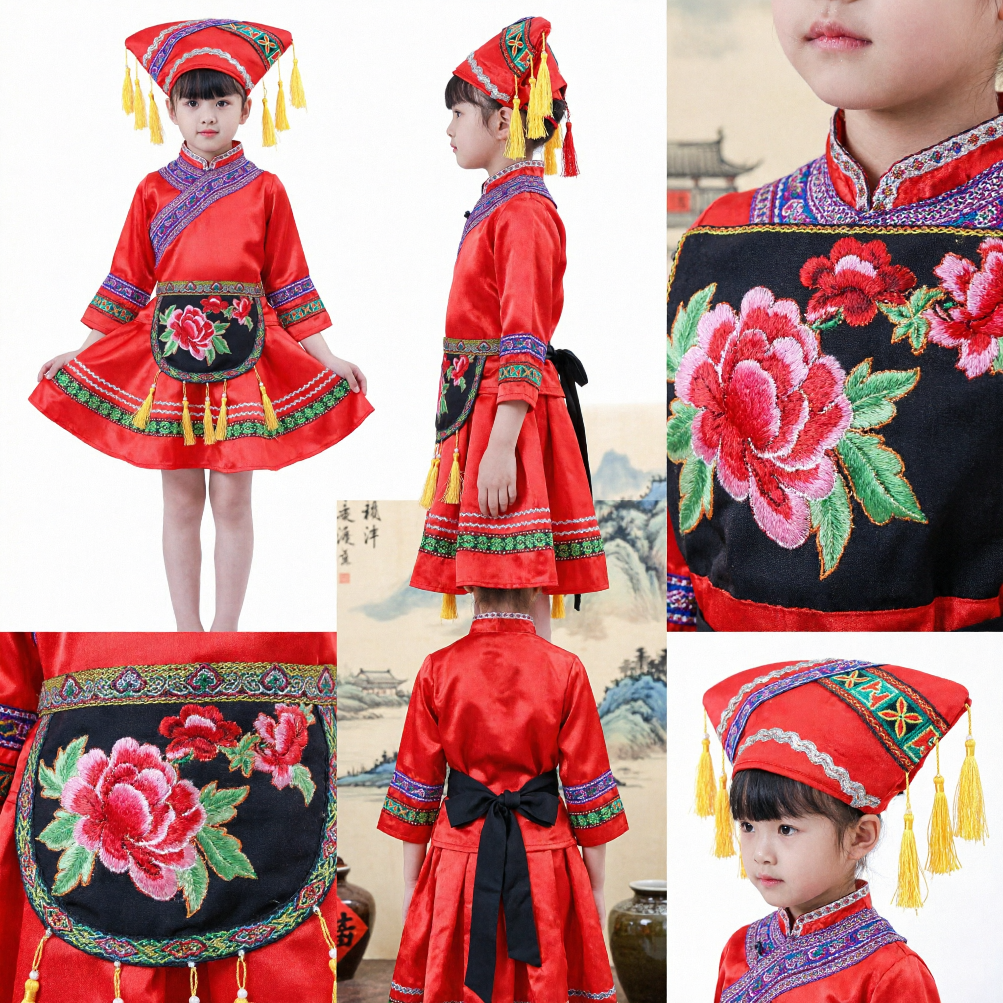 Costume de danse folklorique de l'ethnie Zhuang chinoise pour enfants - Robe rouge brodée avec chapeau - Tenue de spectacle - Asian Costume
