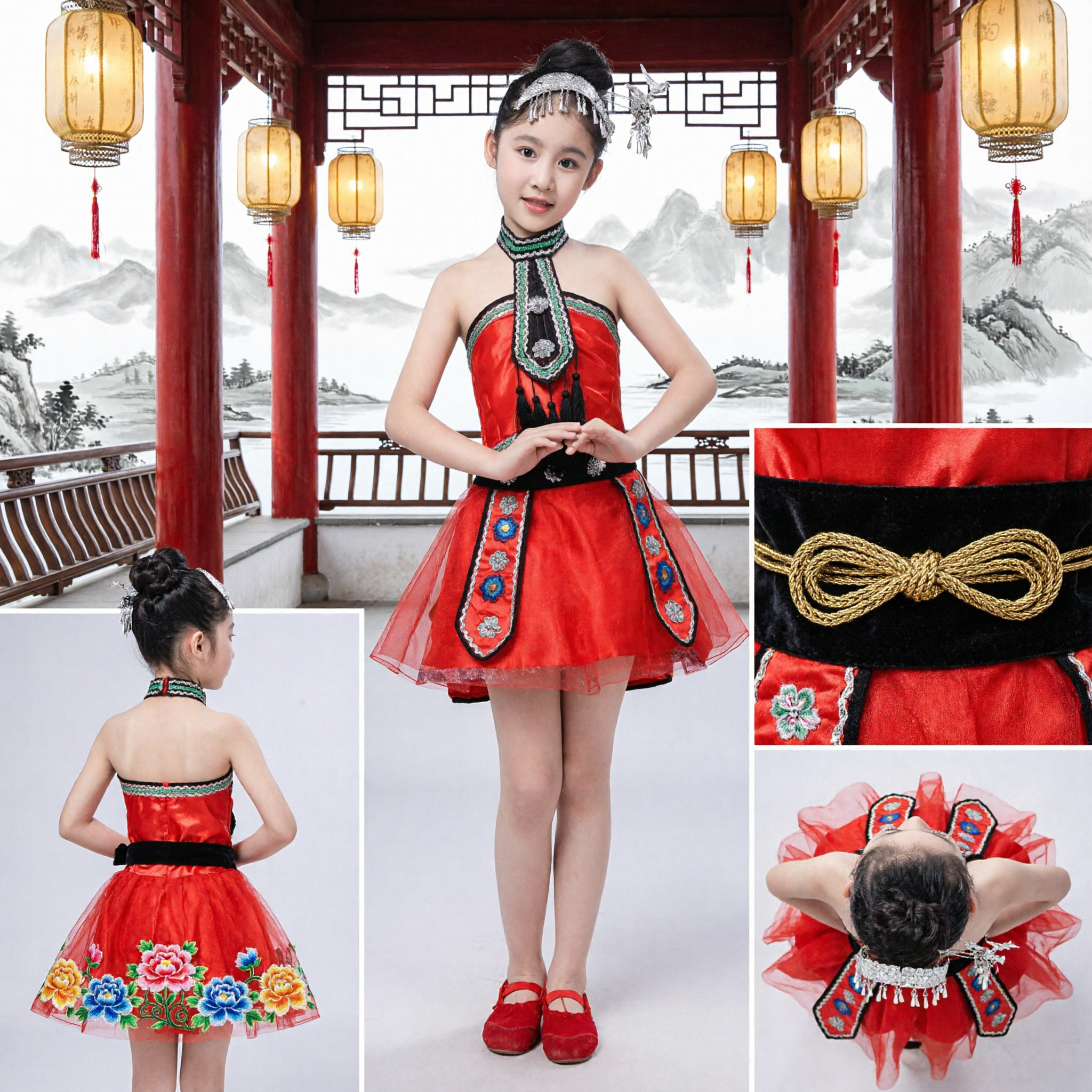Costume de danse folklorique de l'ethnie Miao chinoise pour filles - Robe de spectacle rouge brodée avec coiffe en argent - Asian Costume