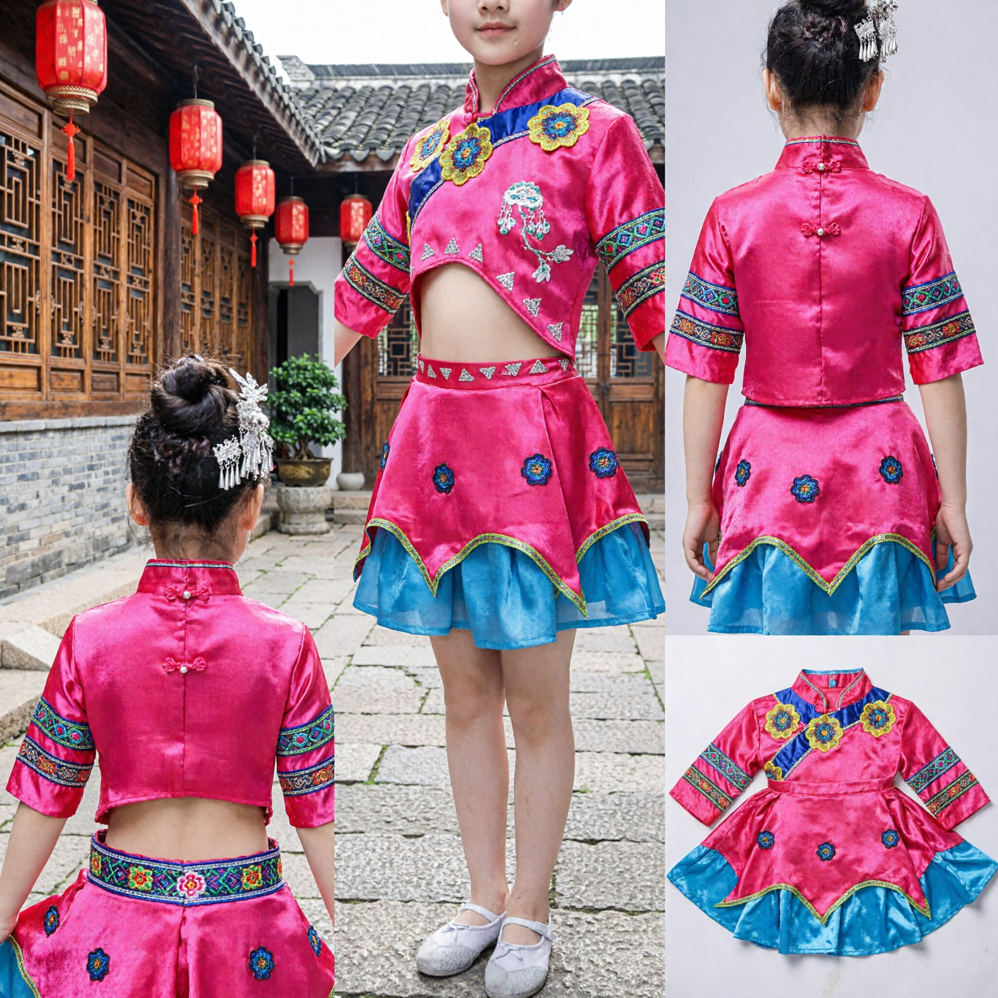 Traje de Dança Folclórica da Minoria Miao Tradicional Chinês, Conjunto de Duas Peças Rosa Bordado para Crianças e Meninas, Performance - Asian Costume