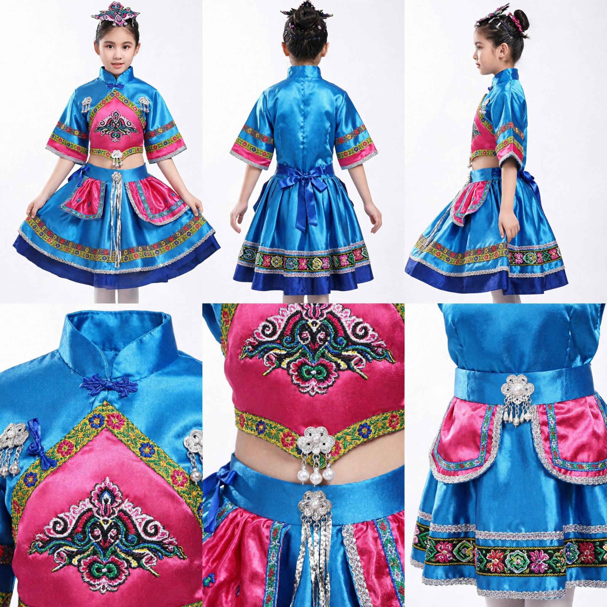 Kinder Chinesisches traditionelles Ethnische-Minderheiten-Tanz-Kostüm Mädchen Volkstracht Bühnenauftritts-Outfit Blau Rosa - Asian Costume