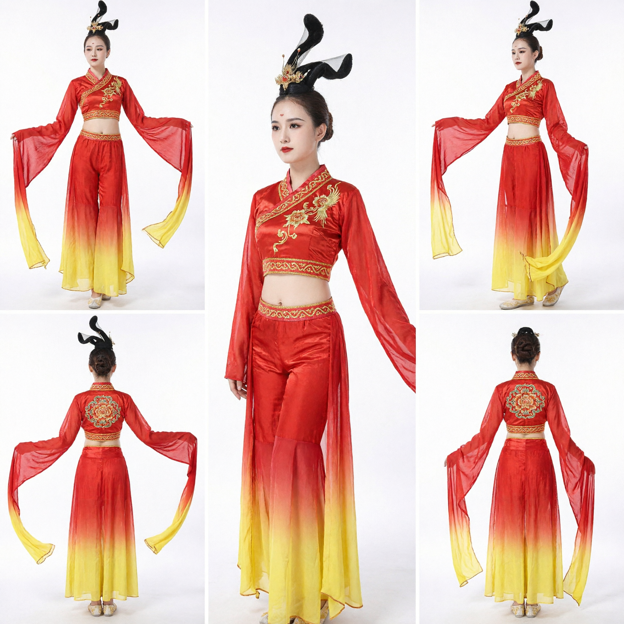 전통 중국 고전 무용 의상 여성 둔황 비천 빨간색 노란색 그라데이션 물소매 공연 의상 - Asian Costume