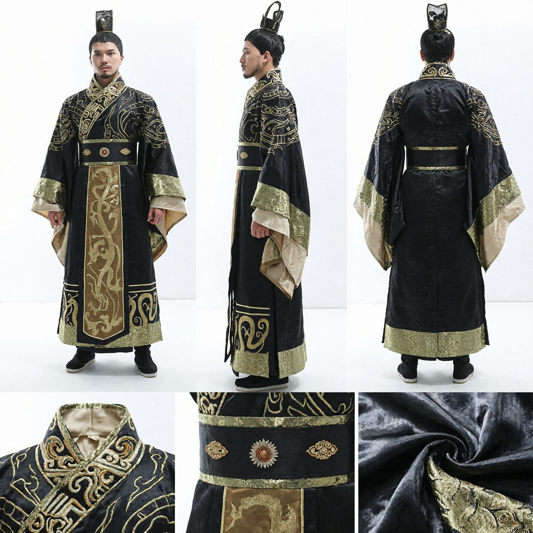 Costume da Imperatore dell'Antica Dinastia Qin Cinese Veste Ricamata Nero e Oro Hanfu Tradizionale Uomini Cosplay Storico - Asian Costume