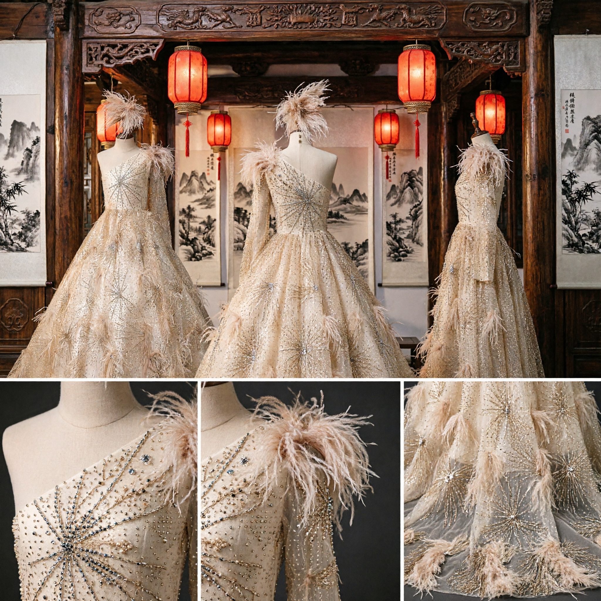 화려한 골드 깃털 원 숄더 이브닝 드레스 라이네스톤 장식 가수 무대 공연 및 갈라 - Asian Costume