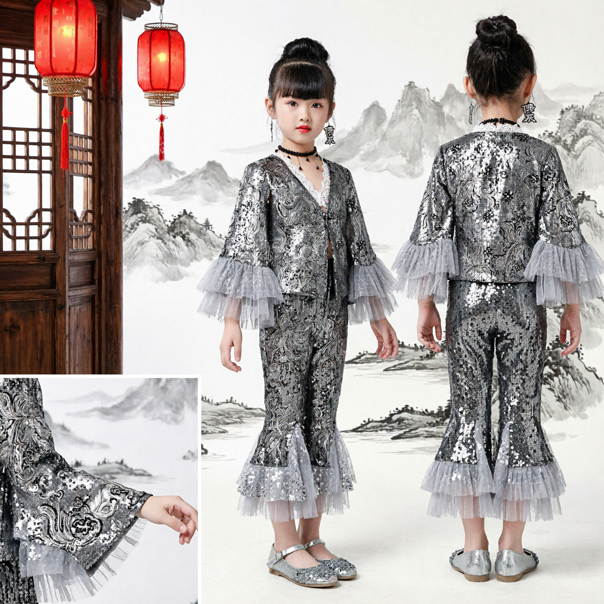 Kinder Mädchen Silber Brokat Auftrittskostüm Traditionelles chinesisches Tanz-Bühnenoutfit mit Schlaghosen - Asian Costume