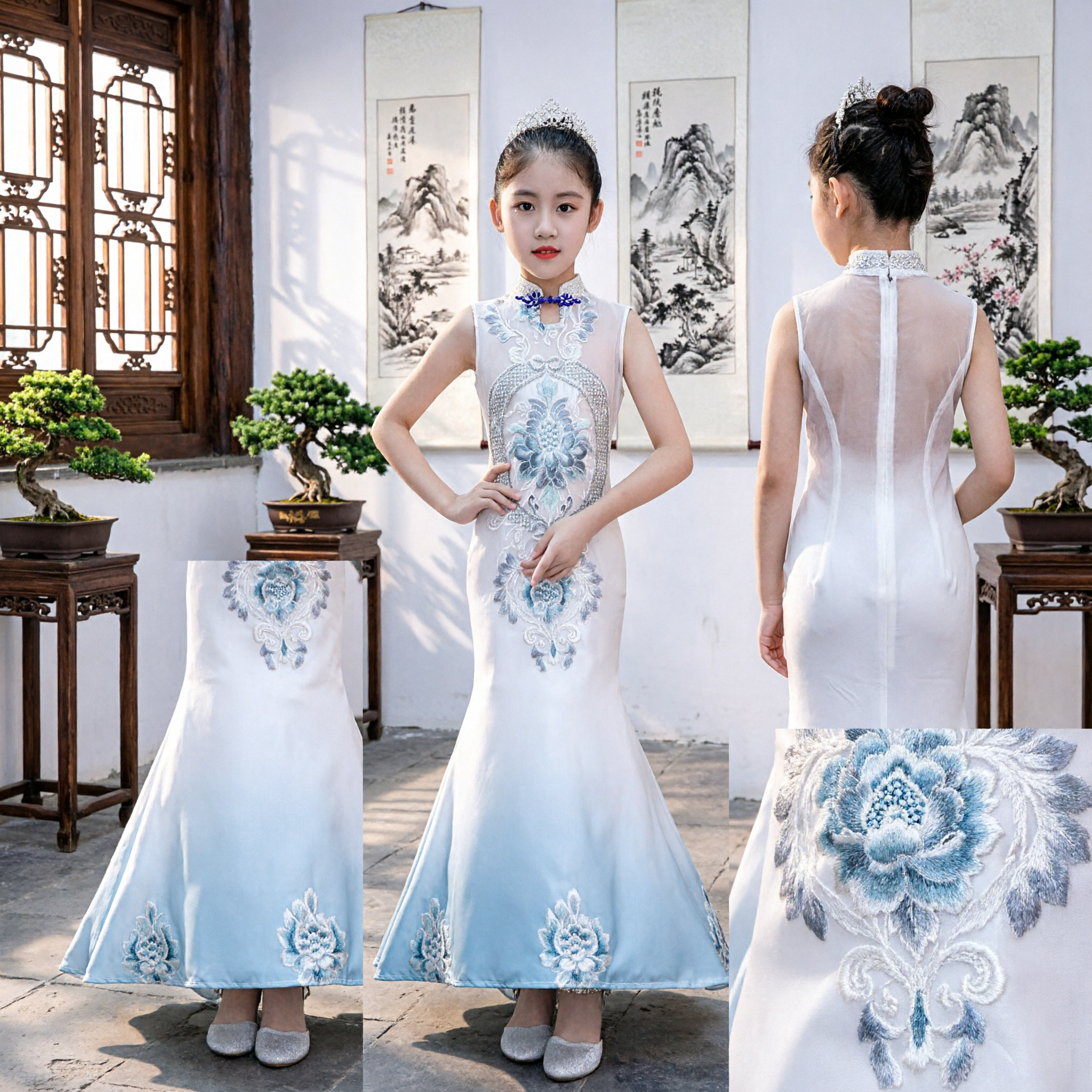 Elegante Cheongsam per Bambini Ricamo Floreale Bianco Abito Tradizionale Cinese a Sirena per Ragazze Matrimonio Festa Spettacolo - Asian Costume