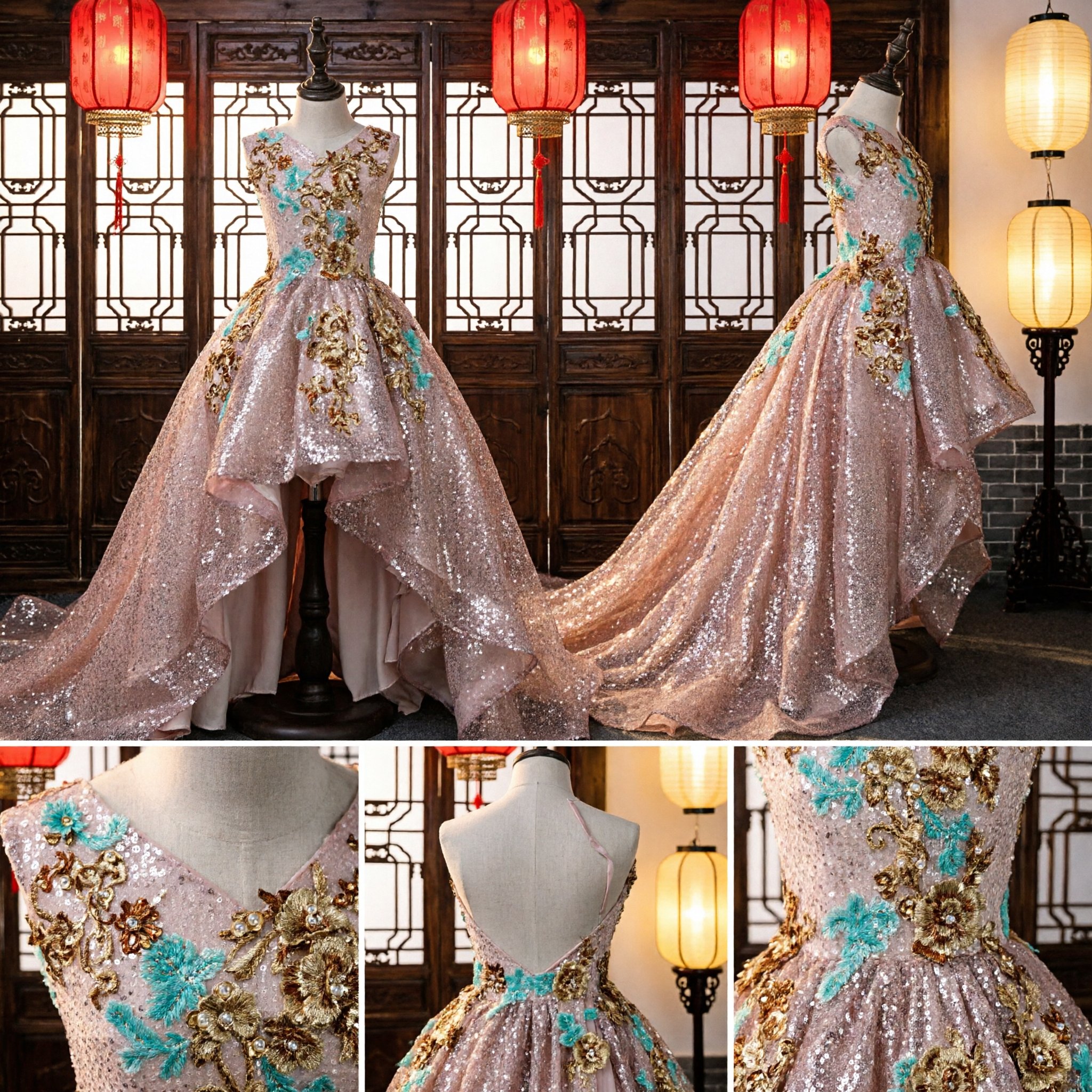 Abito da Ballo Rosa Brillante per Ragazze con Ricamo Floreale Oro Abito Formale High-Low per Matrimoni e Concorsi di Bellezza - Asian Costume
