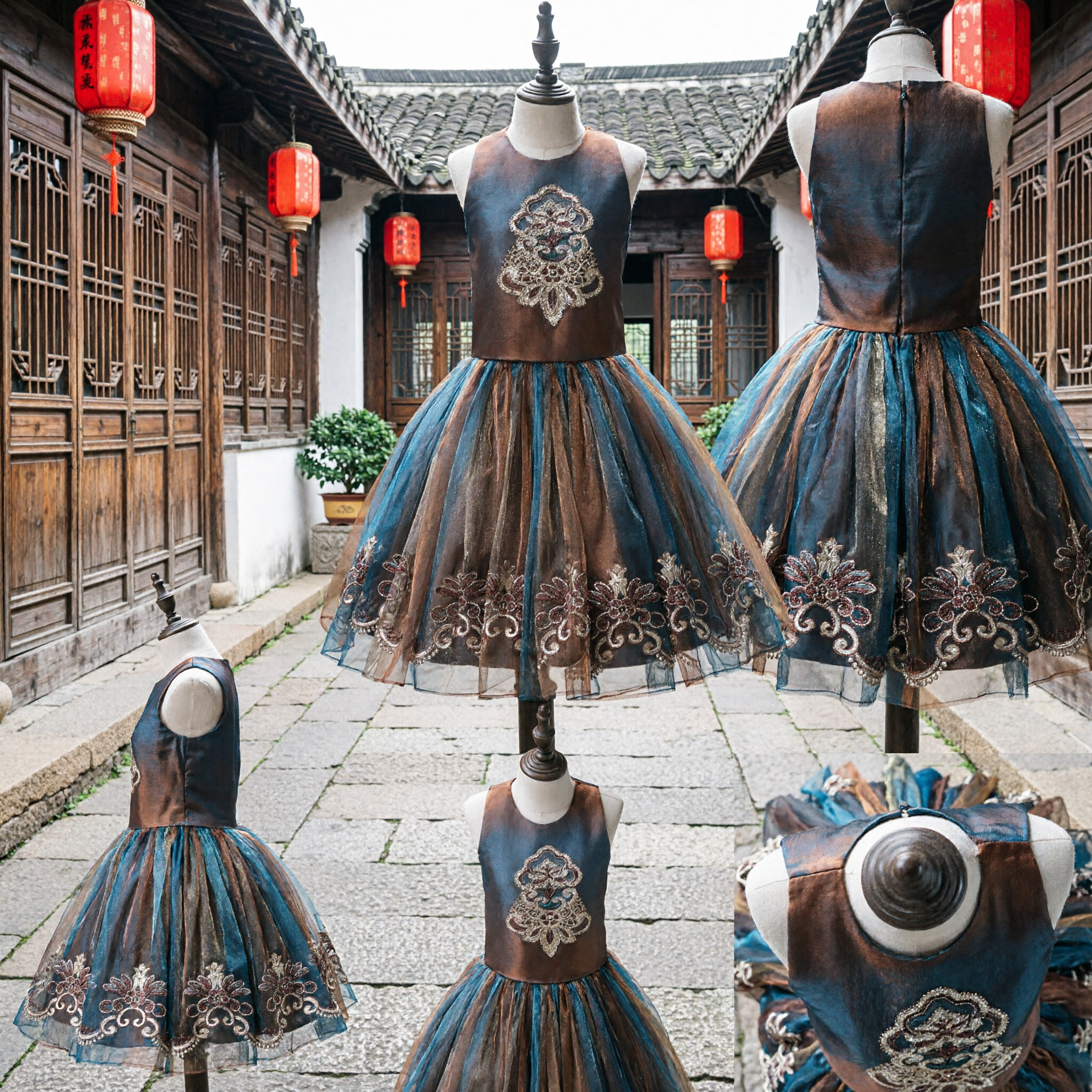 Meisjes Elegant Bruin en Turquoise Geborduurde Tule Rokjurk Mouwloze Formele Feestjurk voor Kinderen - Asian Costume