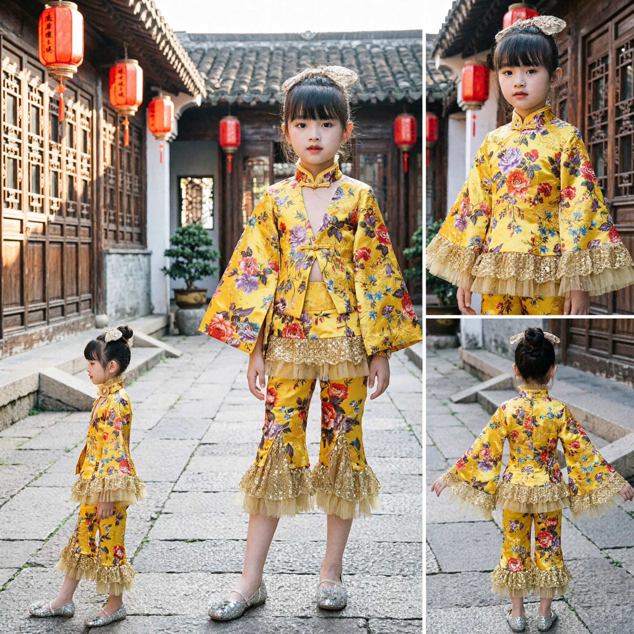 Traje Tradicional Chino Amarillo Floral para Niñas Conjunto de Dos Piezas para Actuación de Danza con Volantes de Lentejuelas - Asian Costume