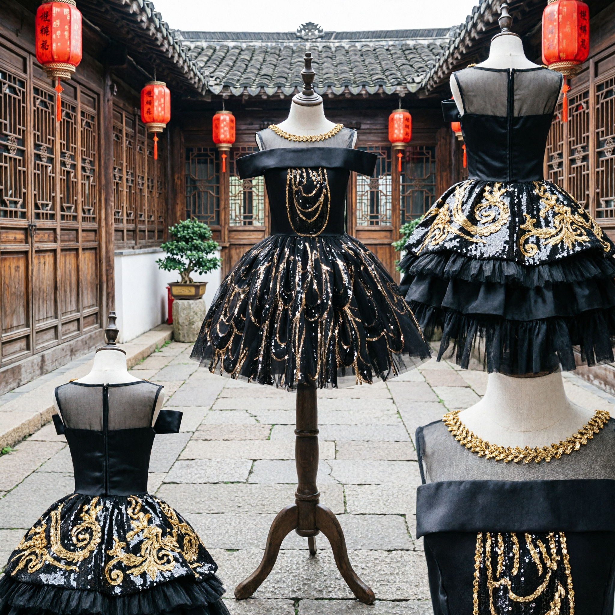 Girls Black Off-Shoulder Sequin Tutu Dress Gold Chain Bodice Latin Jazz Dance Performance Costume - Asian Costume