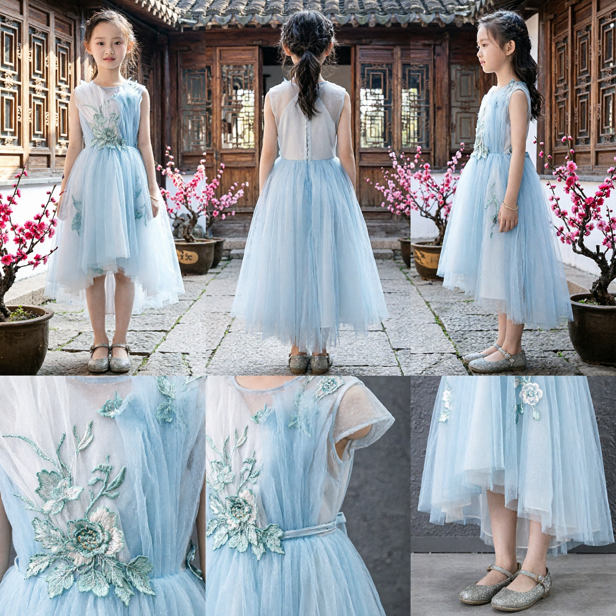 Elegancka jasnoniebieska tradycyjna chińska suknia Hanfu dla dziewczynek, kostium sceniczny dla gospodyni z haftem kwiatowym - Asian Costume