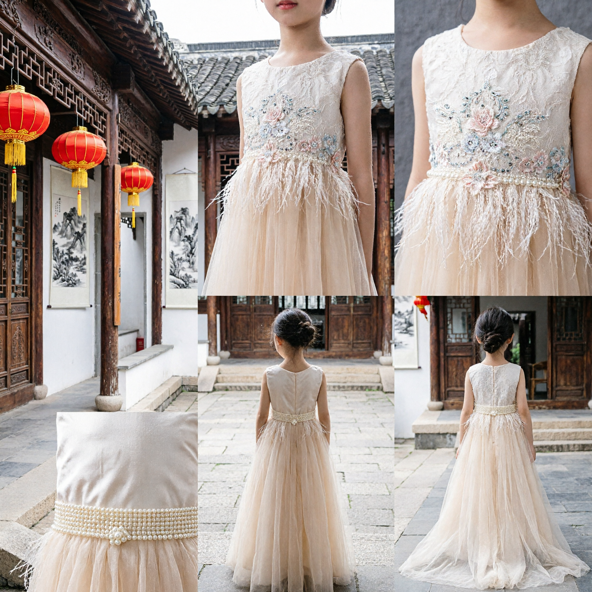 우아한 소녀 공주 볼가운 (자수 보디스와 깃털 트림, 웨딩 플라워 걸용) - Asian Costume