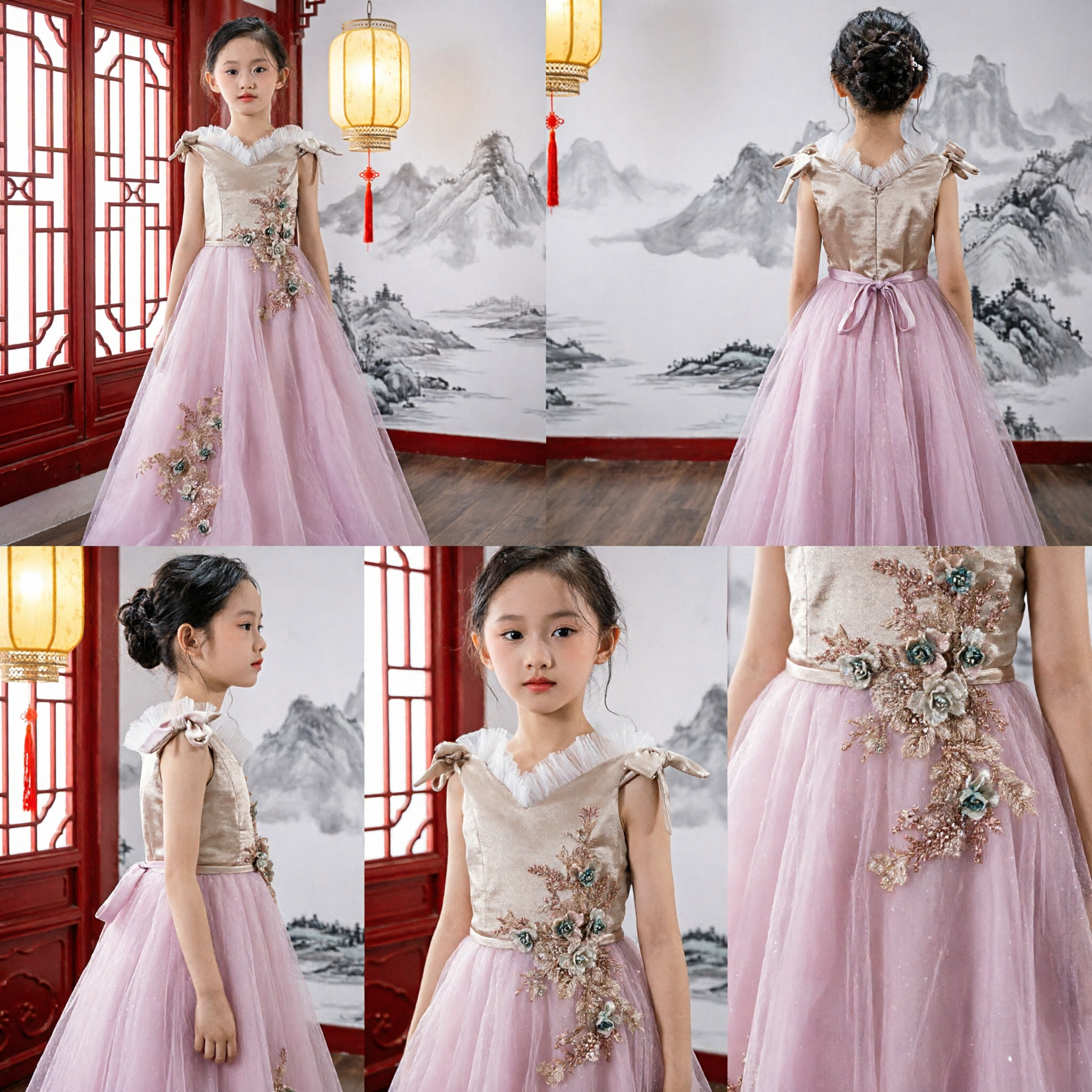 Vestido Elegante de Dama de Honra Rosa de Tule com Aplicações Florais 3D, Vestido de Baile Longo Formal para Casamentos - Asian Costume