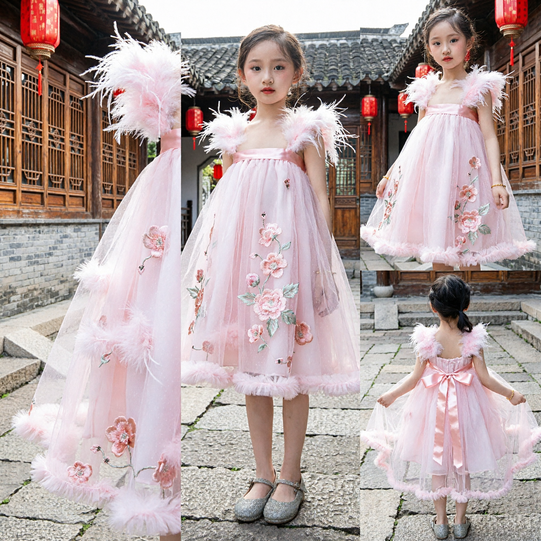 Elegante Vestido de Tul con Plumas Rosas para Niñas, Vestido de Gala para Fiesta Formal, Bodas y Damita de Honor - Asian Costume
