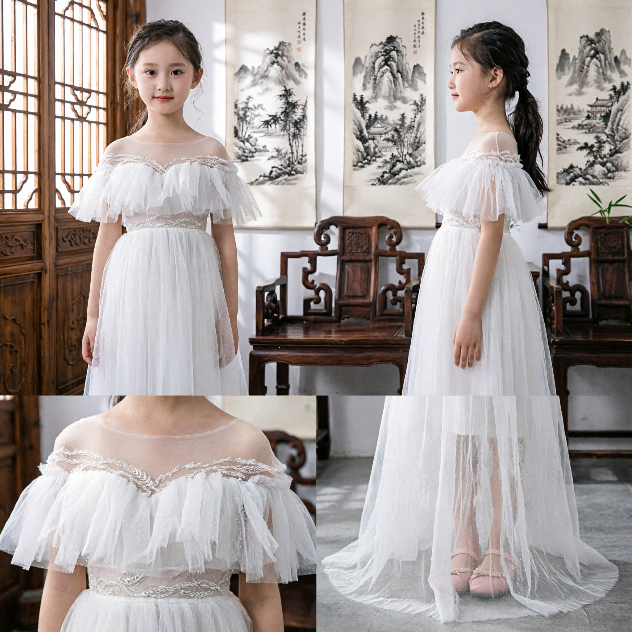 Elegant Wit Off-the-Shoulder Tulle Jurken voor Meisjes Bloemenmeisje Bruiloft Pageant Formele Jurk - Asian Costume