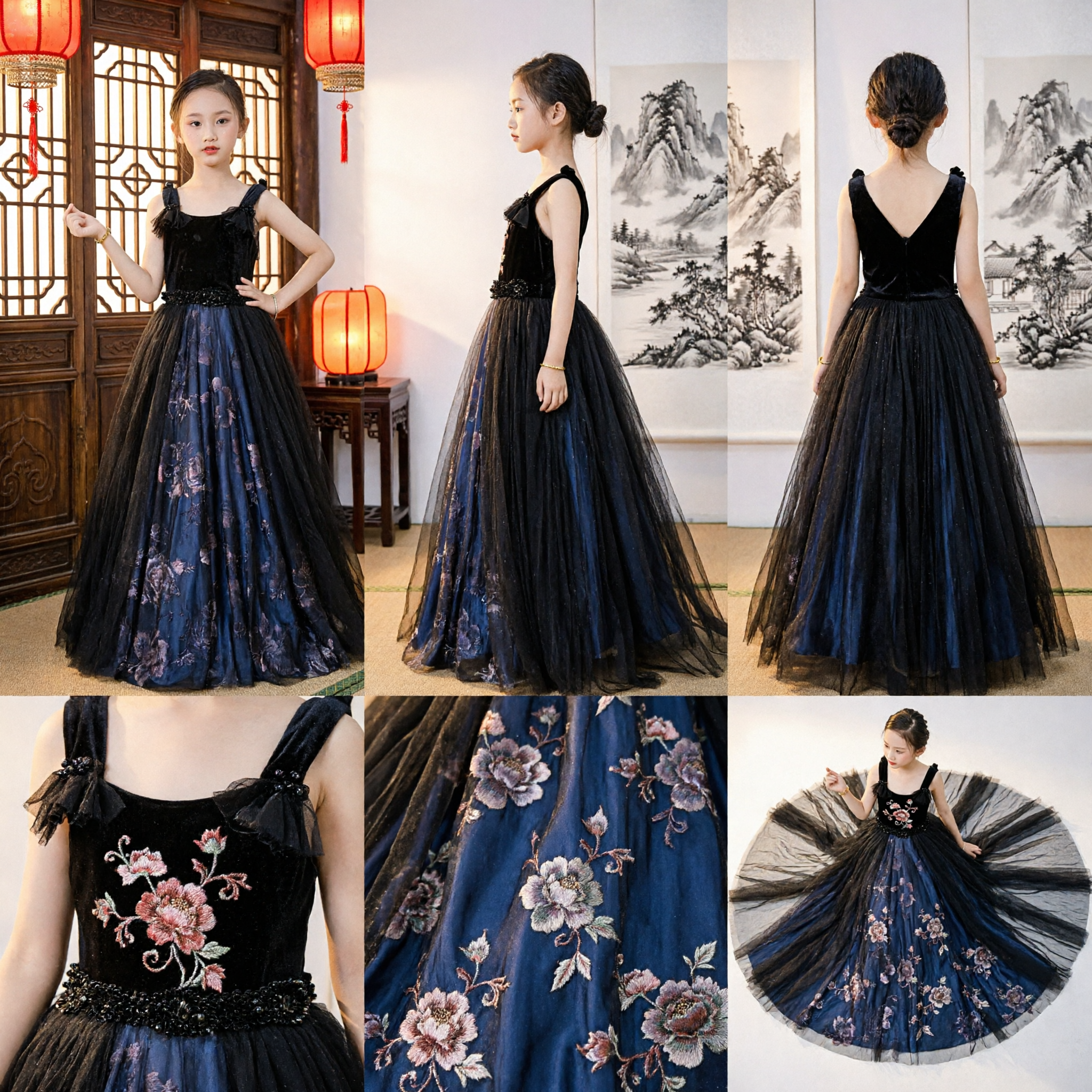 어린이 소녀 우아한 블랙 롱 이브닝 드레스 (포멀 파티 가운 플라워 걸 공주 드레스, 리본 포함) - Asian Costume