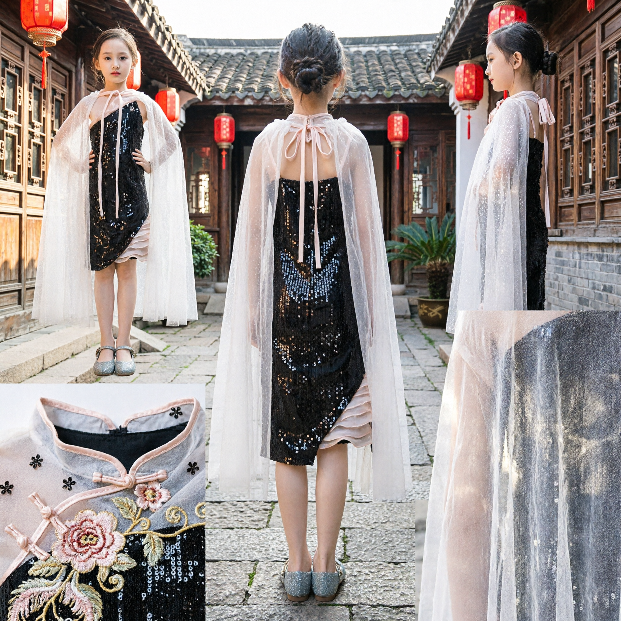 فستان أطفال وفتيات أسود بترتر وكتف واحد مع رداء طويل أبيض من تول لمضيفة المسابقات والأداء - Asian Costume