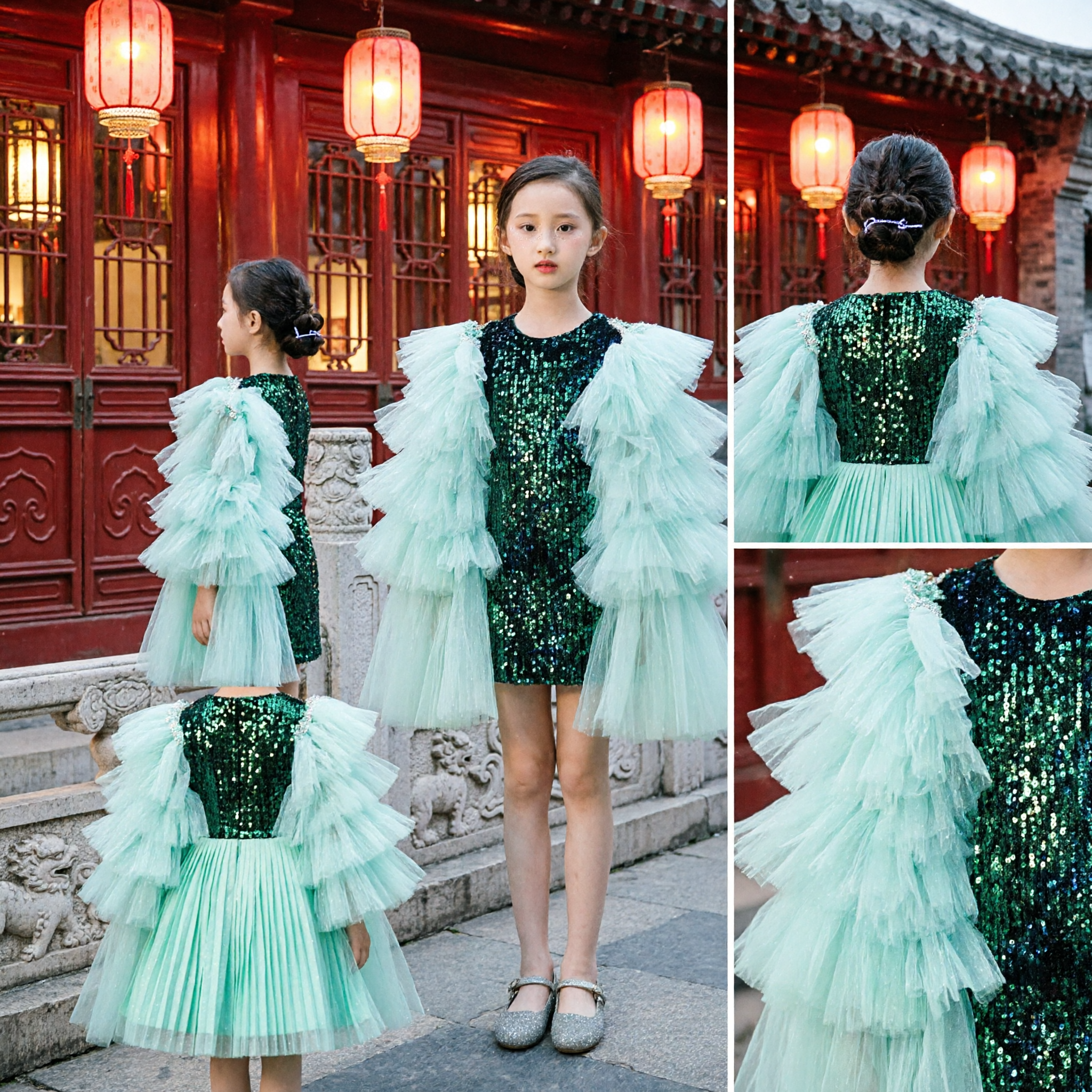 Vestido de Actuación con Lentejuelas para Niñas con Capa de Tul con Volantes, Traje Moderno para Baile y Anfitrión Infantil - Asian Costume