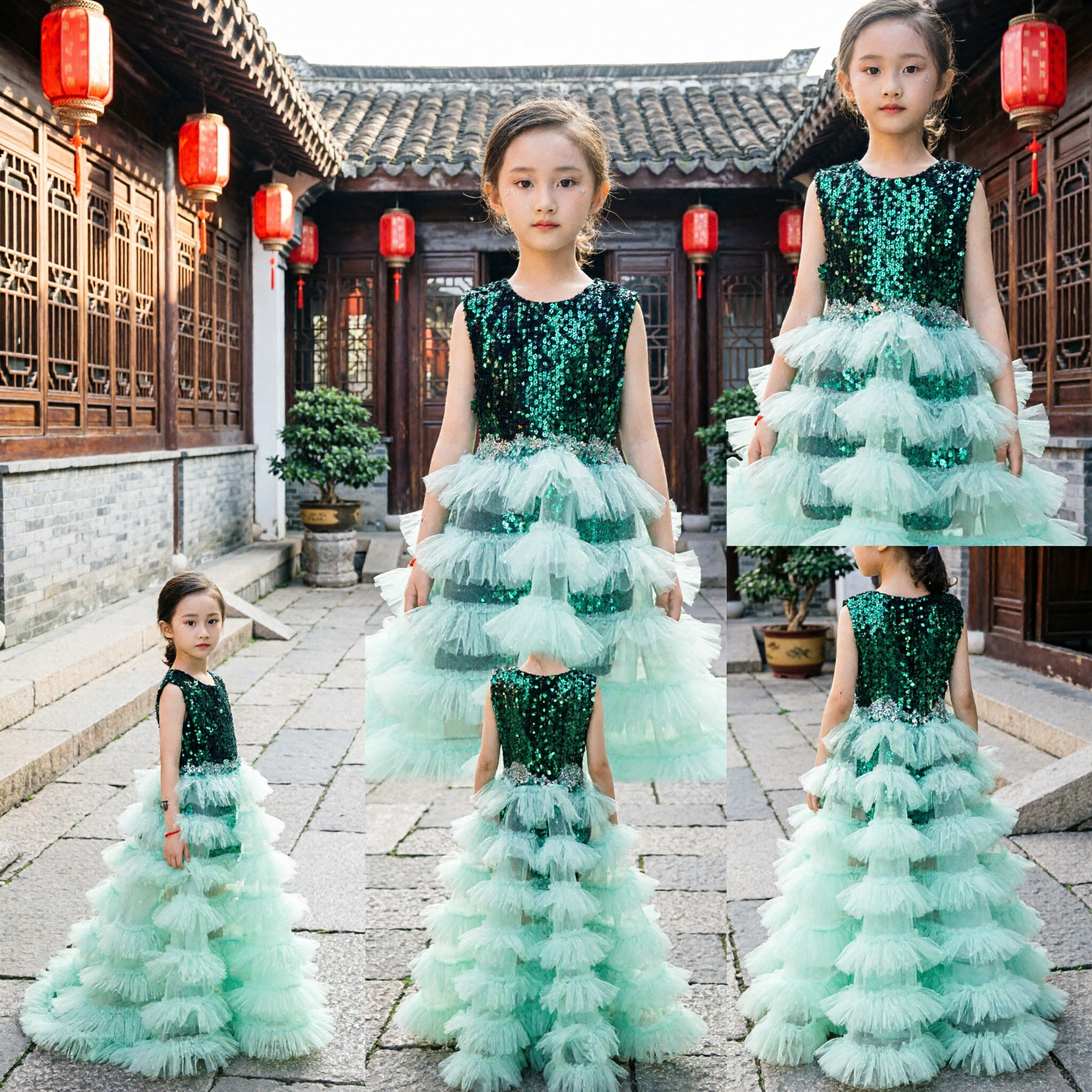 Vestido de Gala de Lentejuelas Verdes para Niñas con Falda de Tul con Volantes en Capas, para Boda, Concurso y Fiesta - Asian Costume