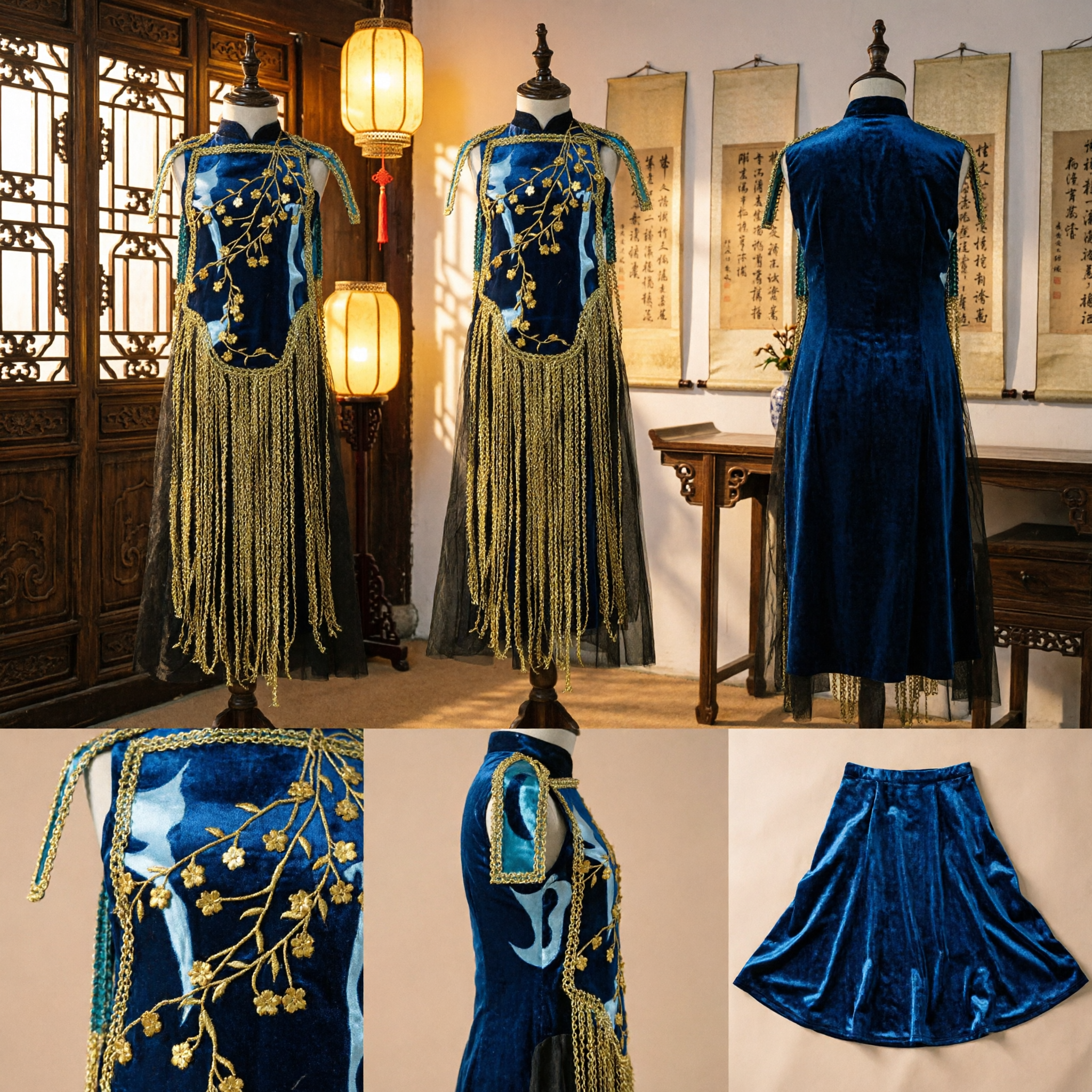 Traditionelles chinesisches Tanzkostüm für Frauen, marineblauer Samt-Yunjian mit Goldstickerei und langen Fransentasseln - Asian Costume