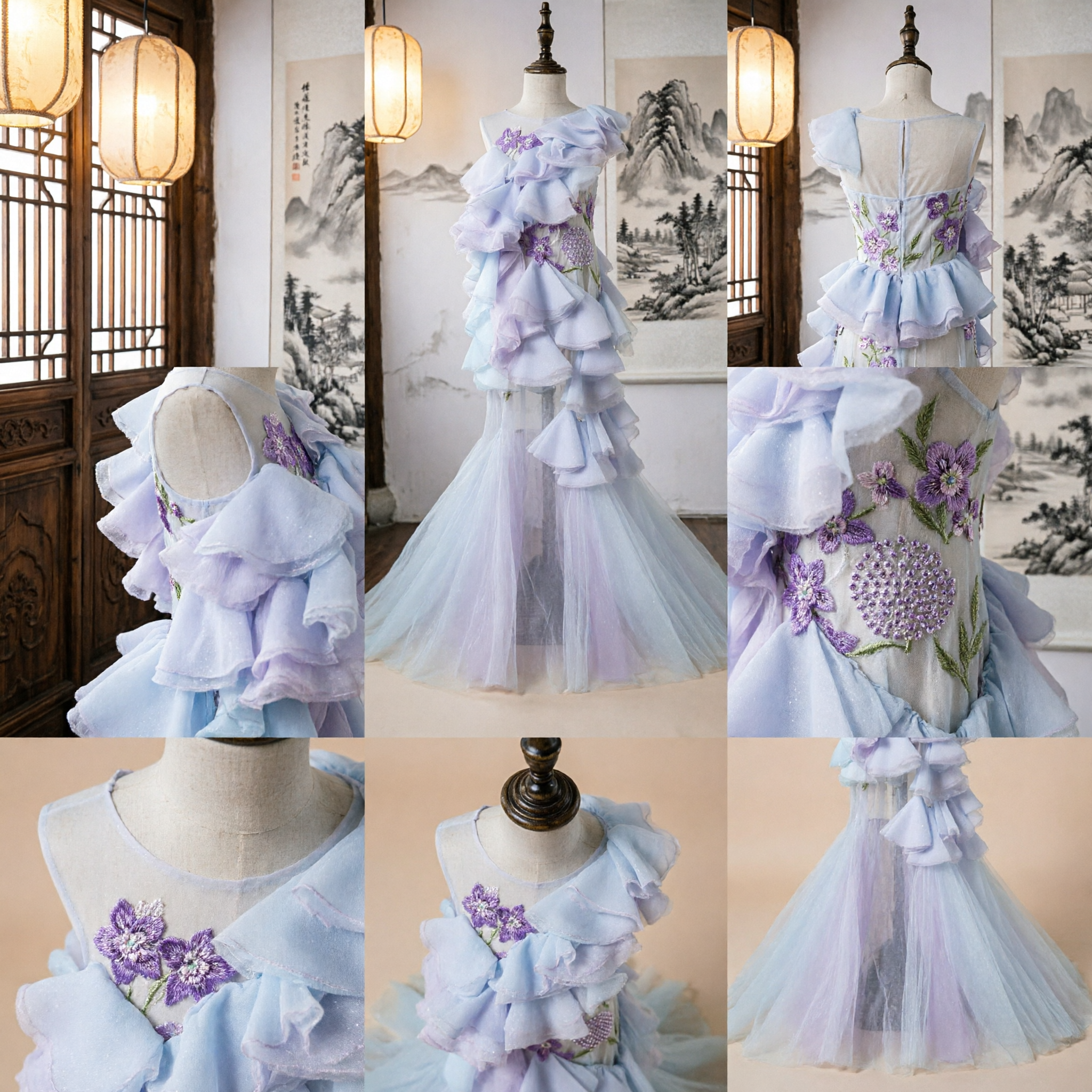 Elegant Pastel Blauw en Paars Geruwelde Zeemeerminjurken voor Meisjes Podiumoptreden en Dansshow - Asian Costume