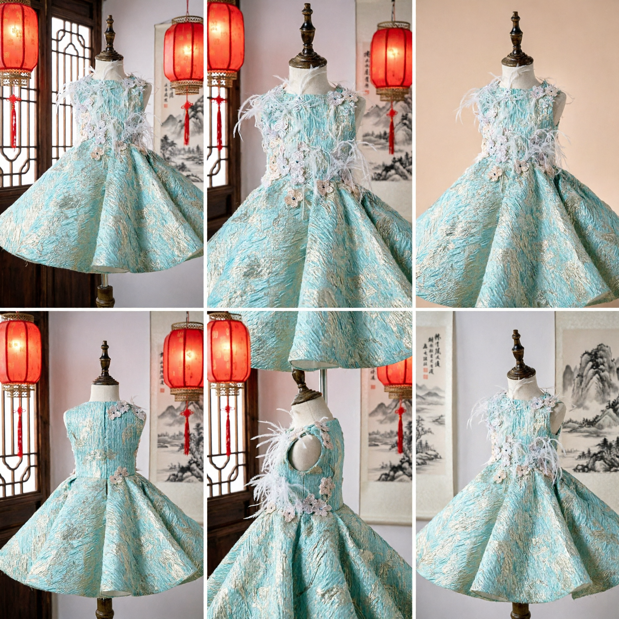 Kinder Mädchen Blaue Brokatkleid Traditionelles Chinesisches Kostüm Blumenmädchen Hochzeitsfeier Auftrittskleid - Asian Costume