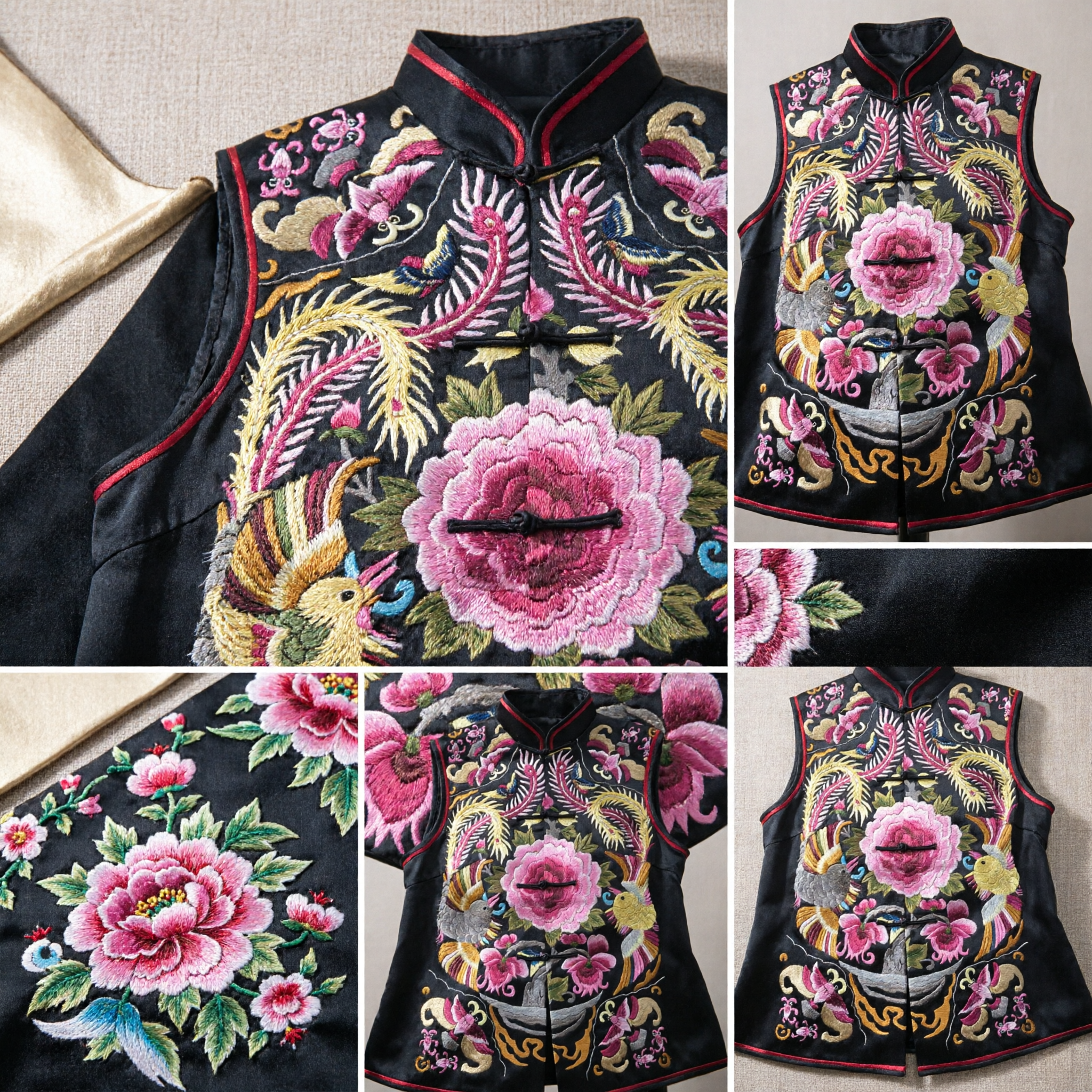 Traditioneel Chinese Zwarte Zijde Geborduurd Vest Vrouwen Feniks Pioenroos Tang-pak Gilet voor Trouwceremonie - Asian Costume