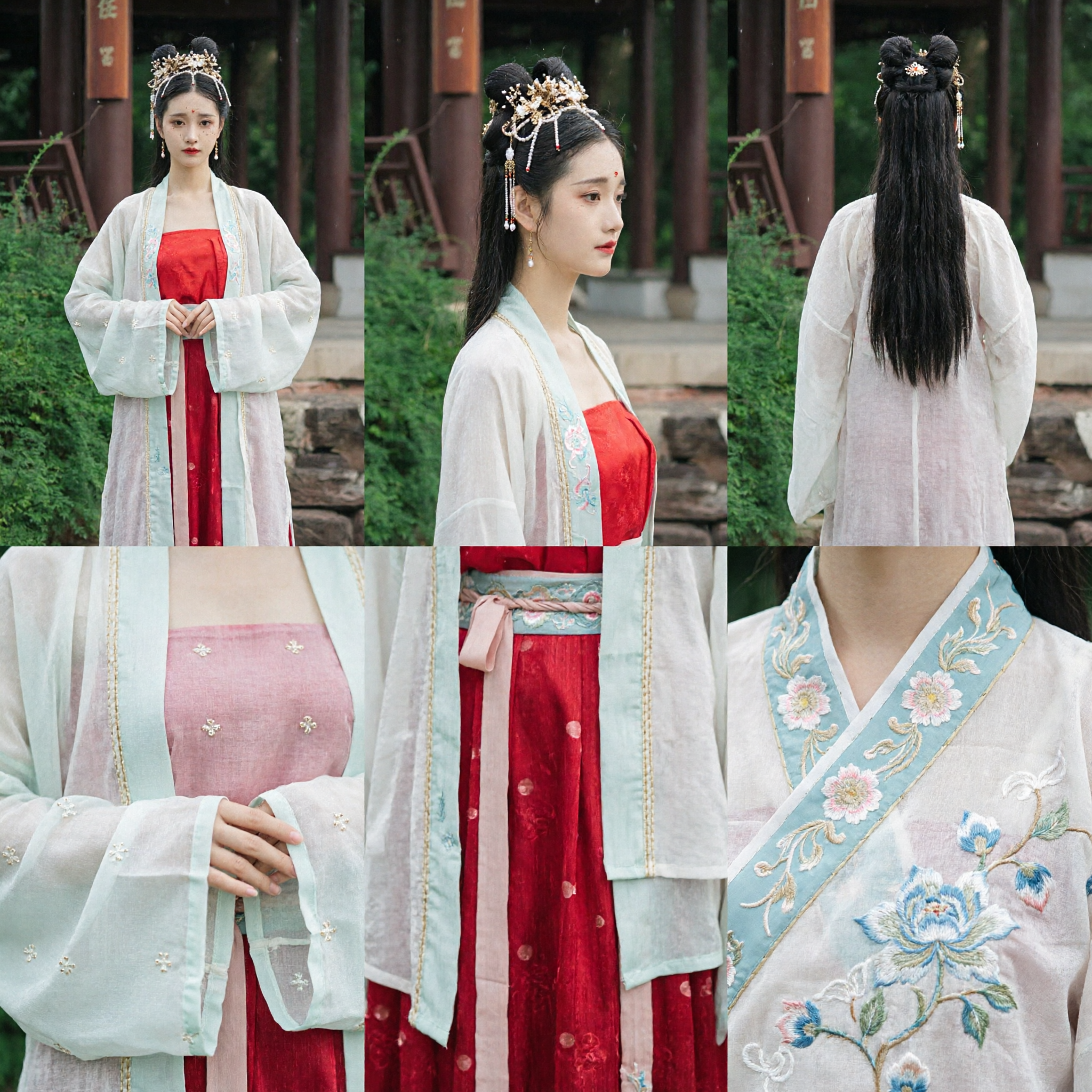 Elegante Costume Tradizionale Cinese Hanfu per Donne in Stile Antico Gonna Rossa con Soprabito Trasparente Bianco per Fotografia - Asian Costume