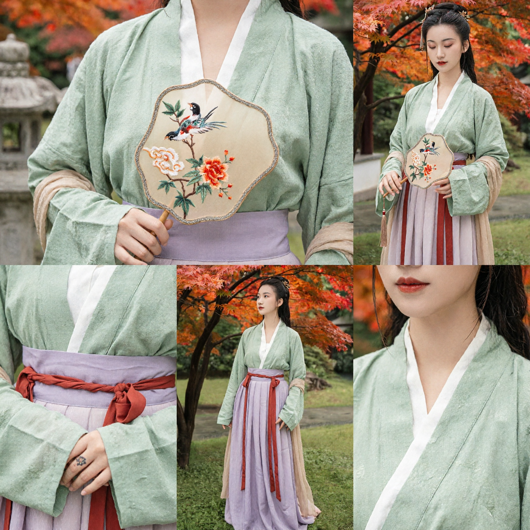 Traje Tradicional Chinês Hanfu Elegante para Mulheres Estilo Antigo da Dinastia Song Conjunto de Blusa Verde e Saia/Vestido Rosa - Asian Costume