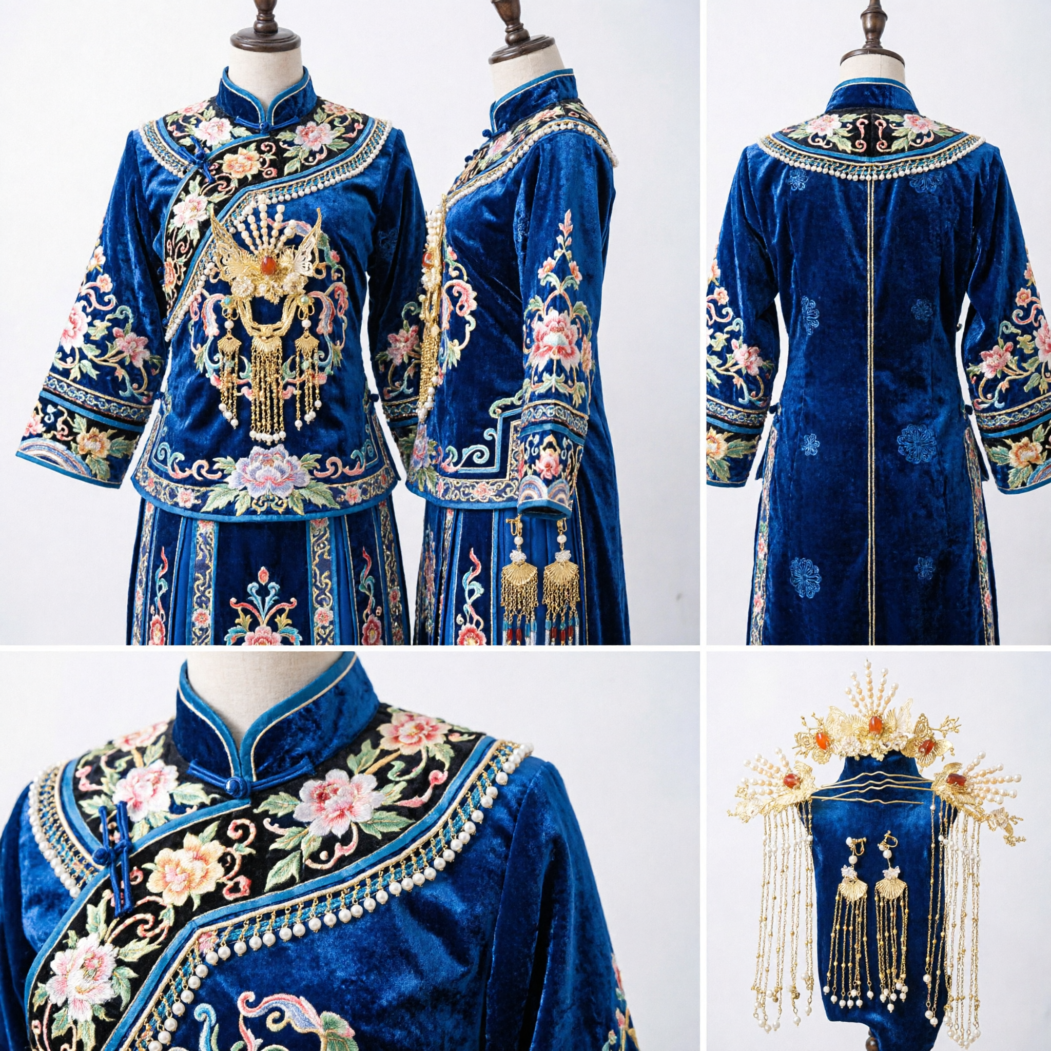 中国伝統 漢服 髪飾りセット 金蝶 真珠房飾り簪 櫛 イヤリング ウェディング 花嫁用 - Asian Costume