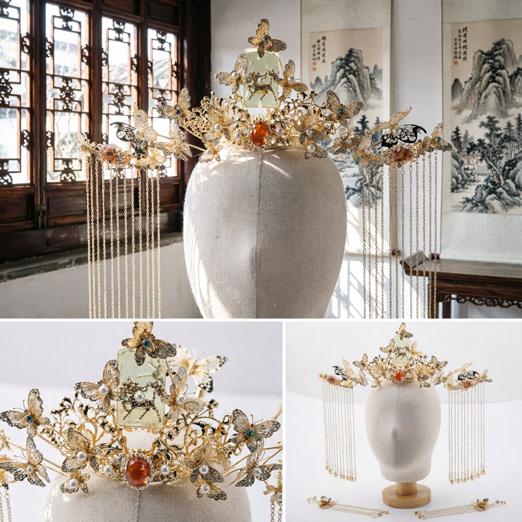 Corona per Capelli con Farfalla Dorata e Lunghi Pendenti, Set di Copricapo Hanfu Antico per Sposa Nuziale - Asian Costume