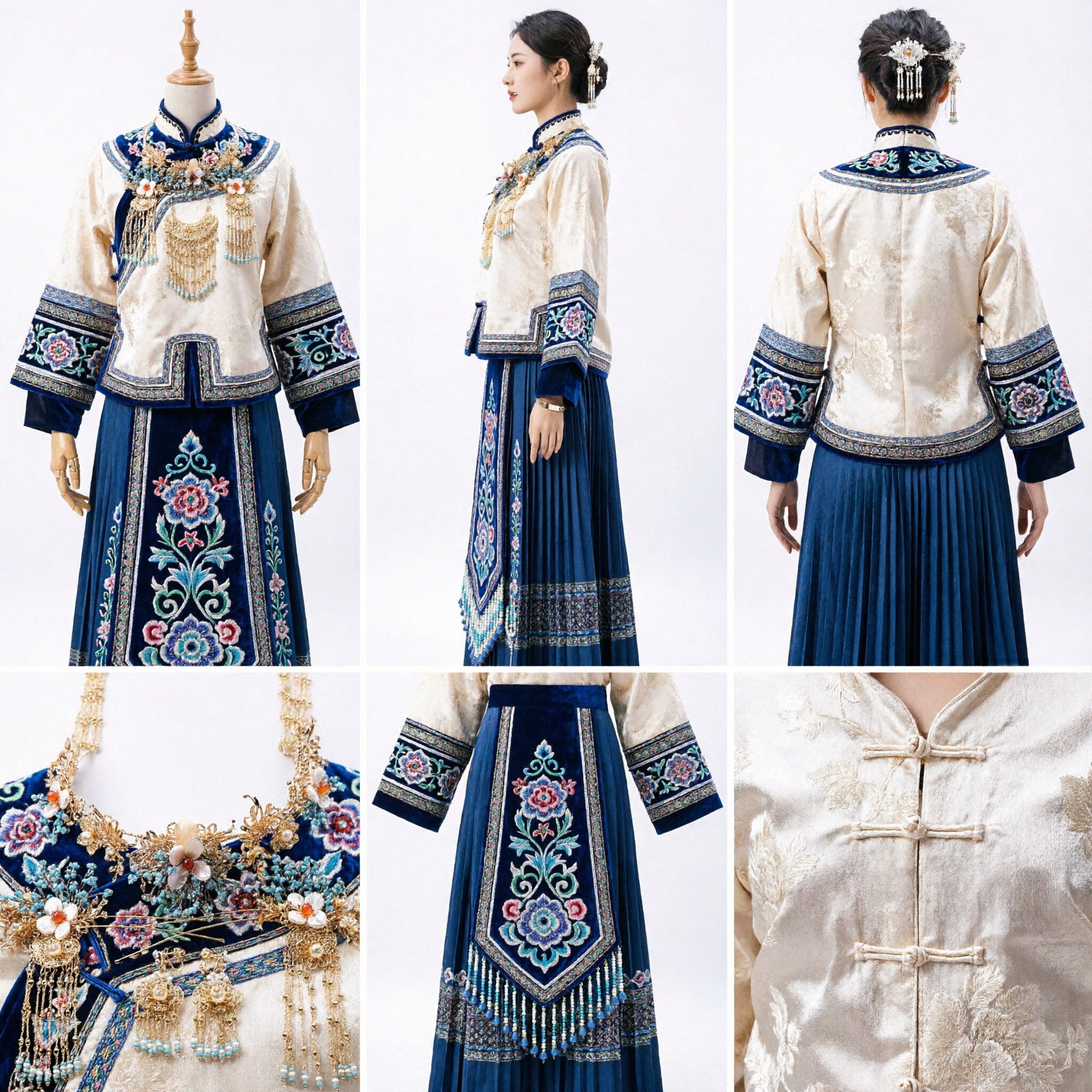 Set di Gioielli Hanfu Cinese Tradizionale, Fermagli Dorati con Fiori Blu, Collana e Orecchini per Sposa Nuziale - Asian Costume