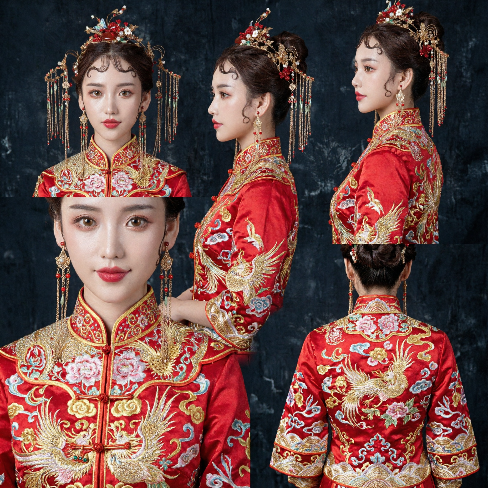 Copricapo Nuziale Cinese Tradizionale con Corona a Farfalla Dorata, Gioielli per Sposa Xiu He Fu e Accessori Hanfu con Pendenti - Asian Costume