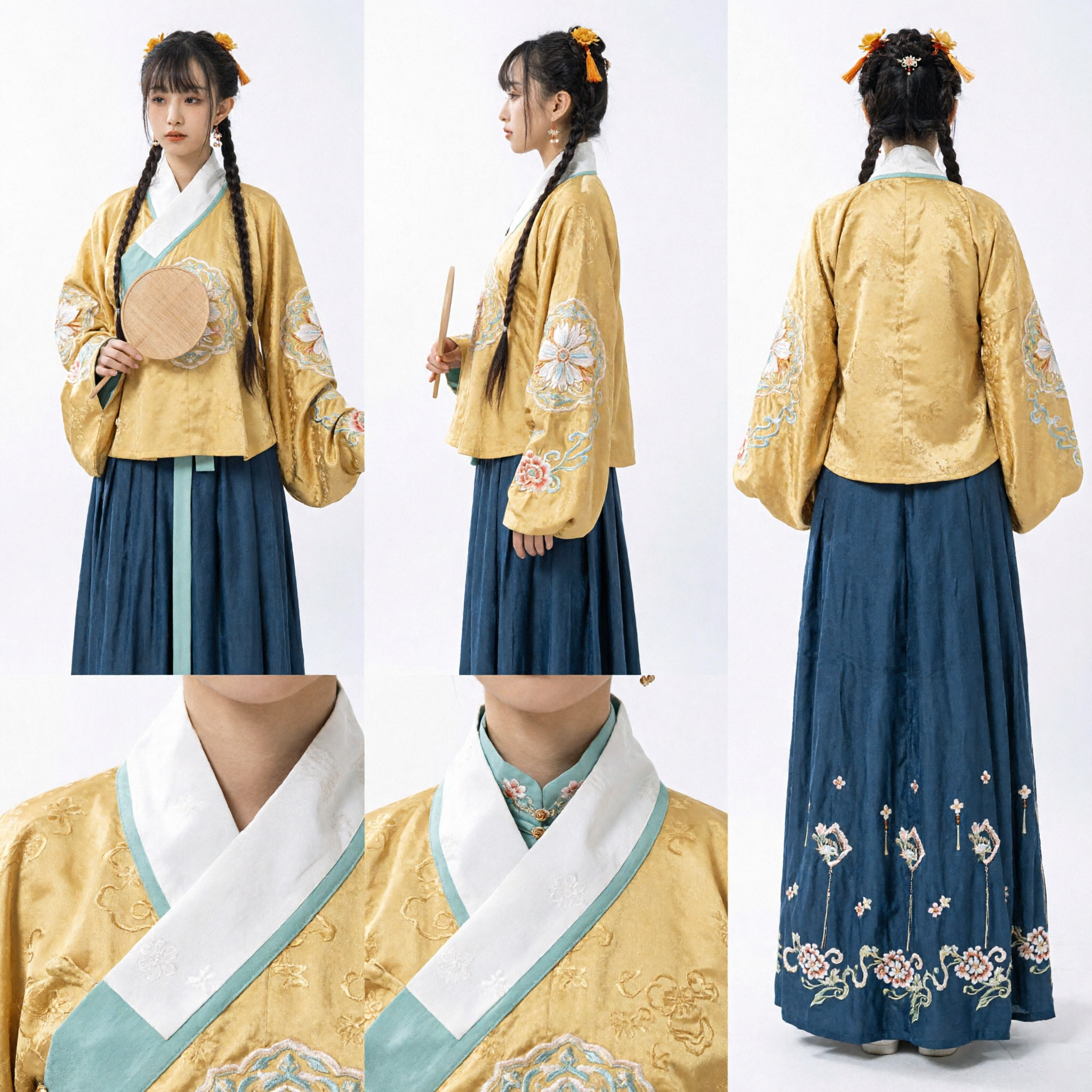 Tradycyjny chiński strój Hanfu z Dynastii Ming dla Kobiet Żółta Hafowana Bluzka Niebieska Spódnica Starożytny Zestaw Ubioru - Asian Costume