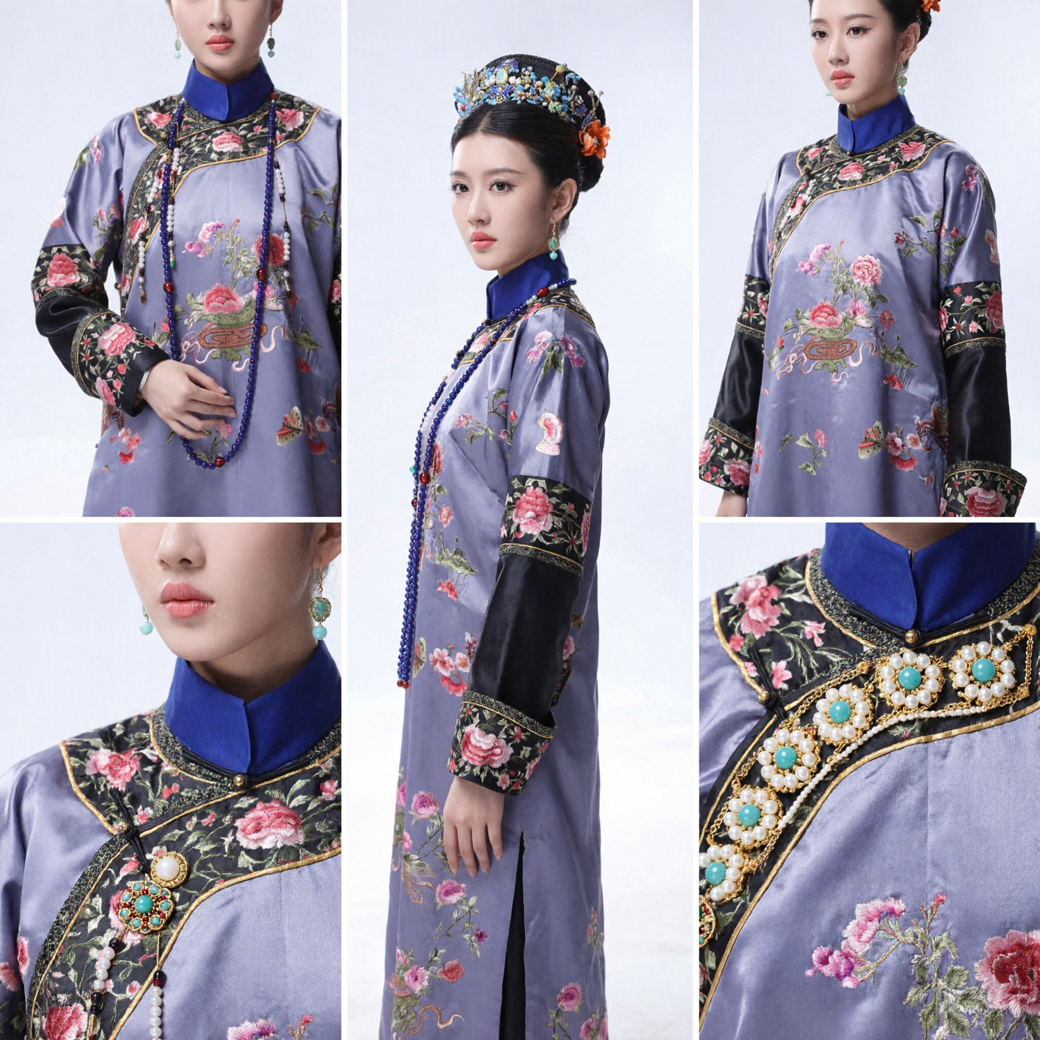 Traje de la Dinastía Qing Tradicional Chino, Bata Bordada con Flores Púrpuras, Vestido Histórico para Mujeres con Juego Completo y Pieza para la Cabeza - Asian Costume