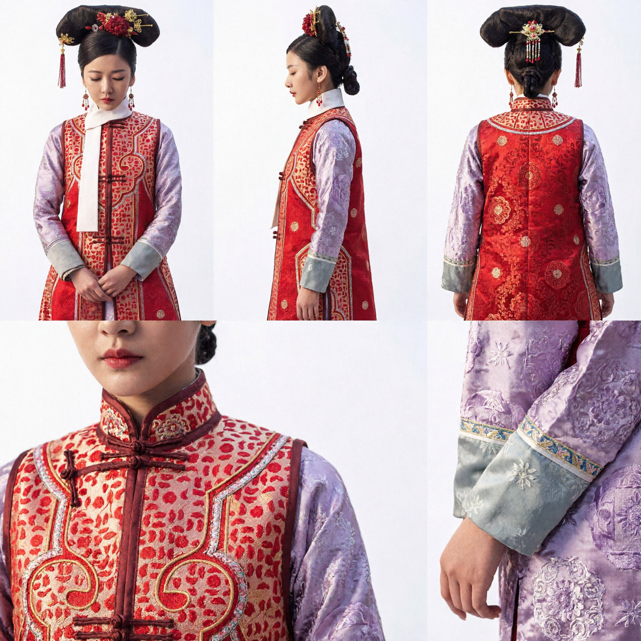 Traditionelles chinesisches Qing-Dynastie Mandschu-Prinzessin Rot bestickte Weste und Lila Gewand Antikes Palastkostüm für Frauen - Asian Costume