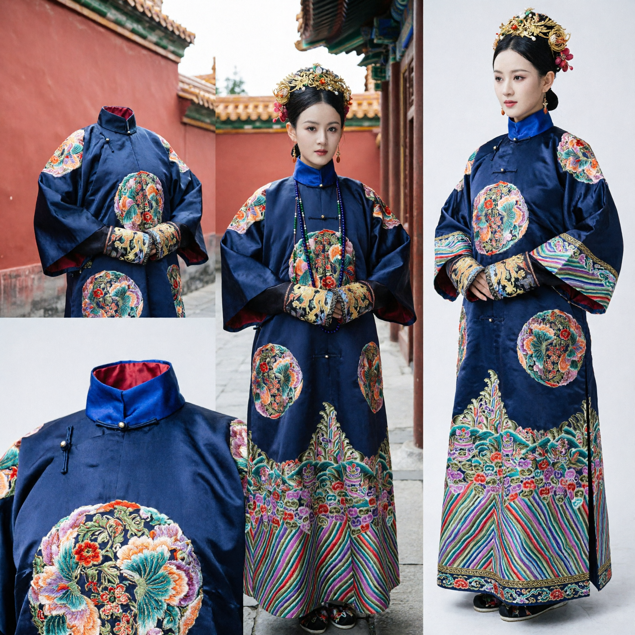 Traje de Emperatriz Manchu de la Dinastía Qing Tradicional China, Bata Azul Bordada con Dragón para Mujeres para Cosplay Histórico - Asian Costume