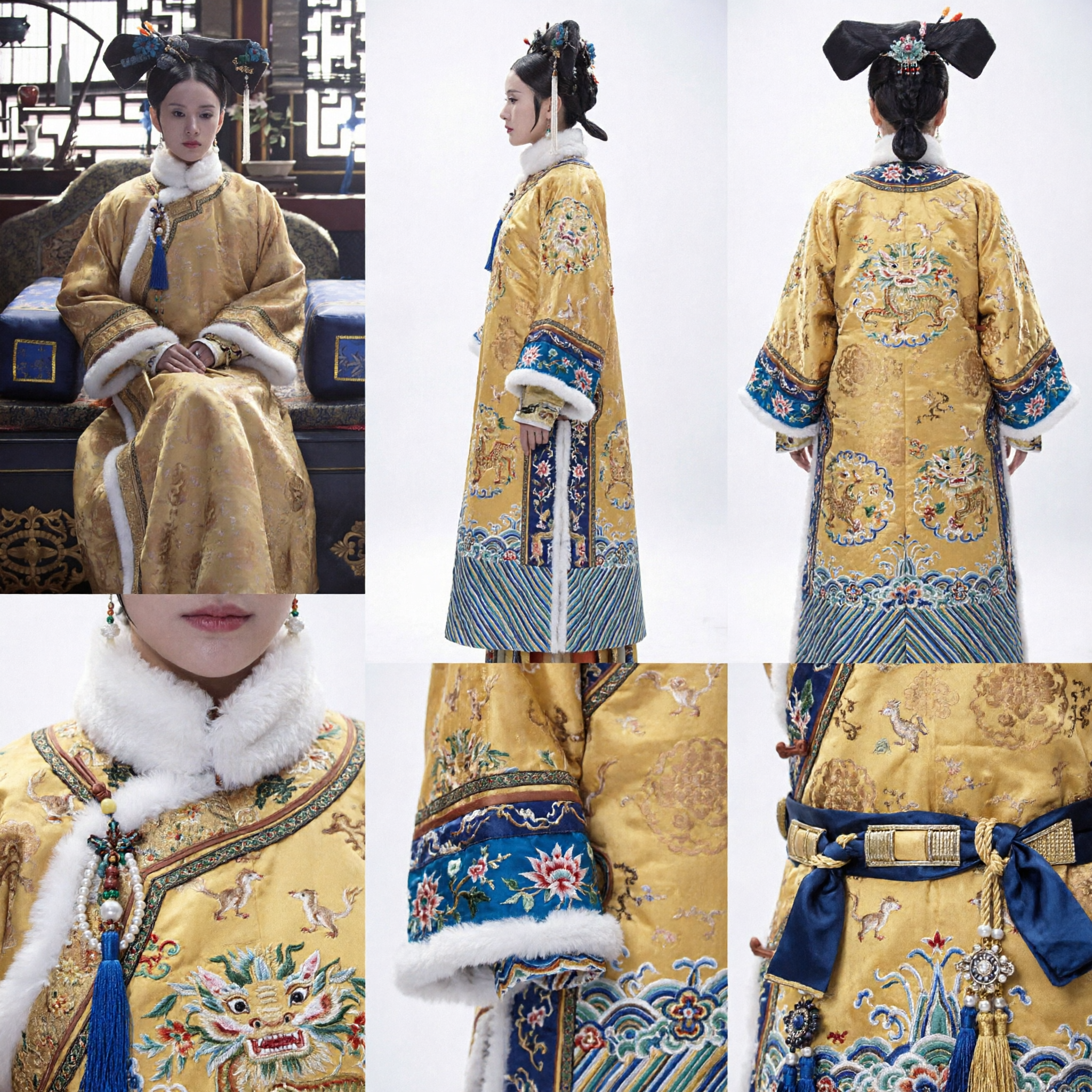 Traje de Princesa Manchu de la Dinastía Qing China Antigua, Bata Amarilla con Ribete de Piel para Mujeres para Cosplay y Drama Histórico - Asian Costume