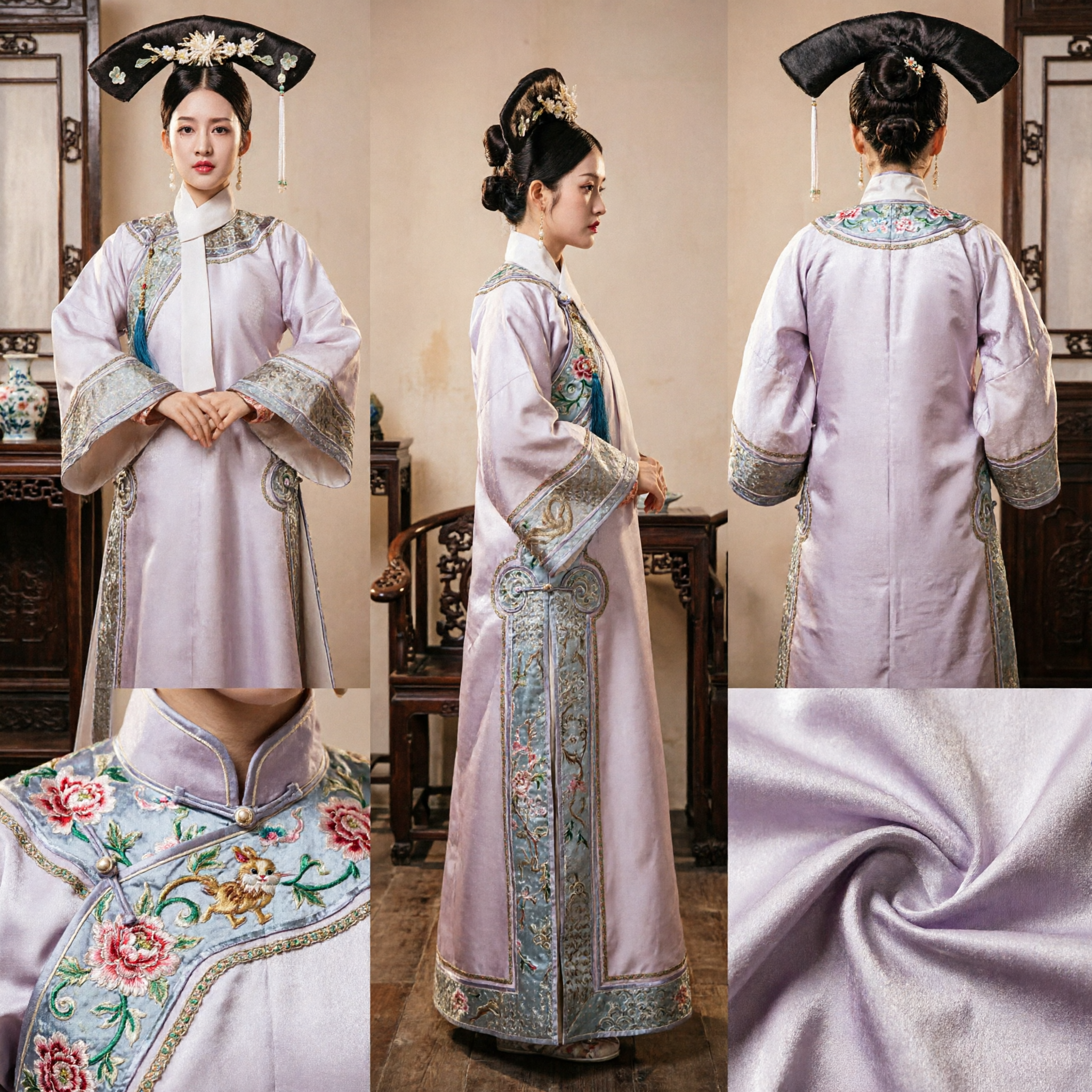 Costume tradizionale cinese della nobildonna della dinastia Qing Abito ricamato e copricapo dell'antica principessa Manciù Set completo - Asian Costume