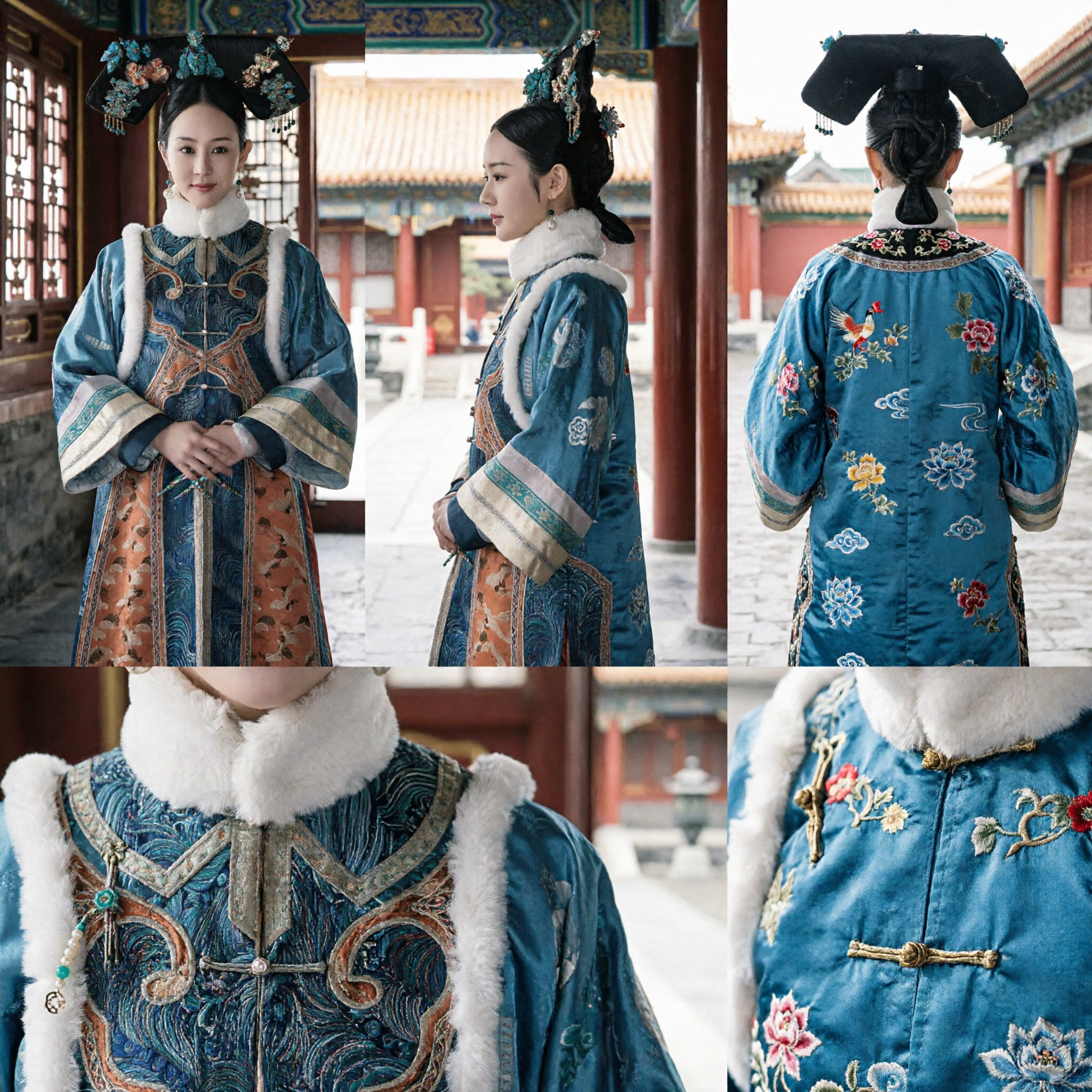 Costume tradizionale cinese della nobildonna della dinastia Qing Abito ricamato blu con bordatura in pelliccia e copricapo per donne - Asian Costume