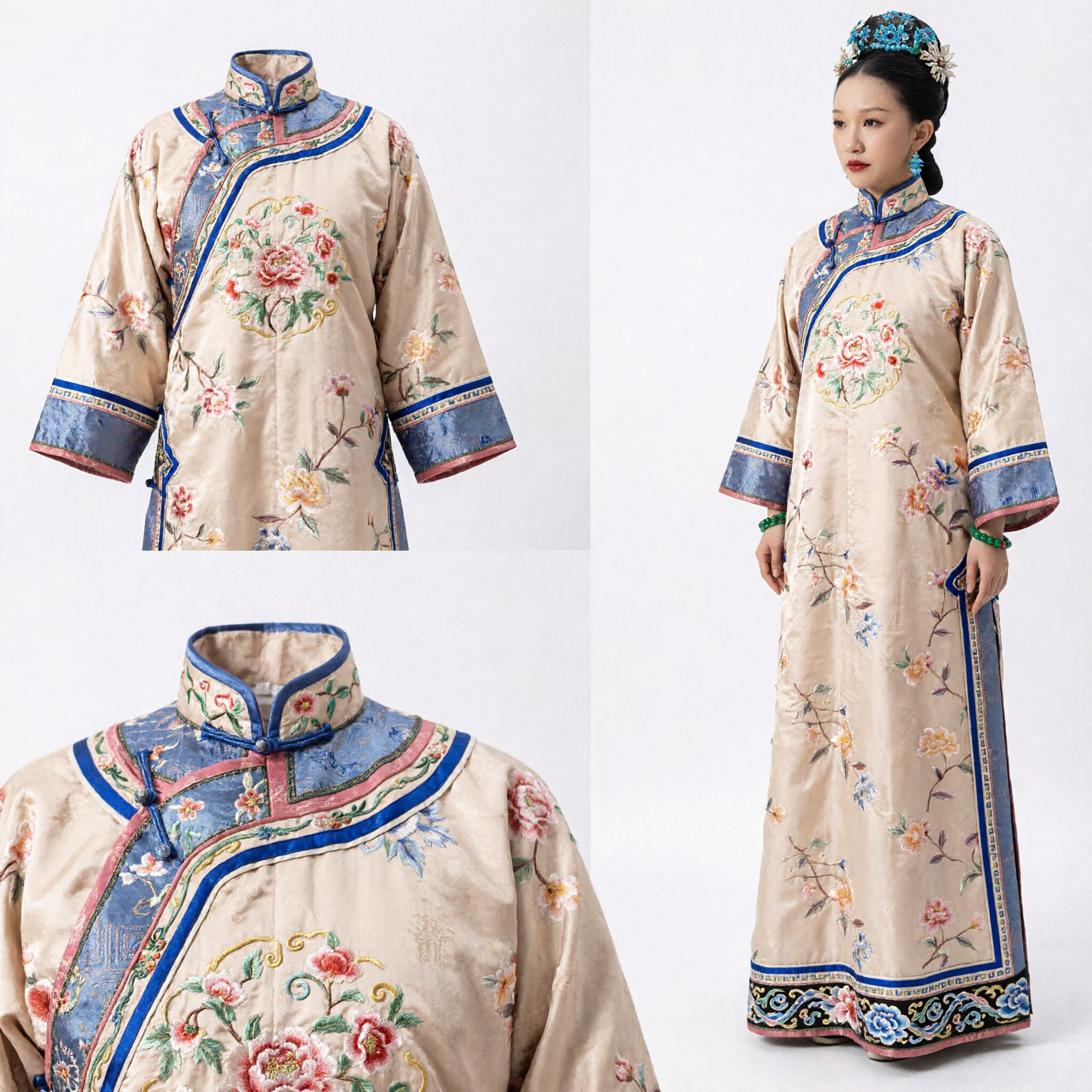 Costume traditionnel chinois de dame de palais de la dynastie Qing - Robe beige à broderie florale pour cosplay de drama historique féminin - Asian Costume