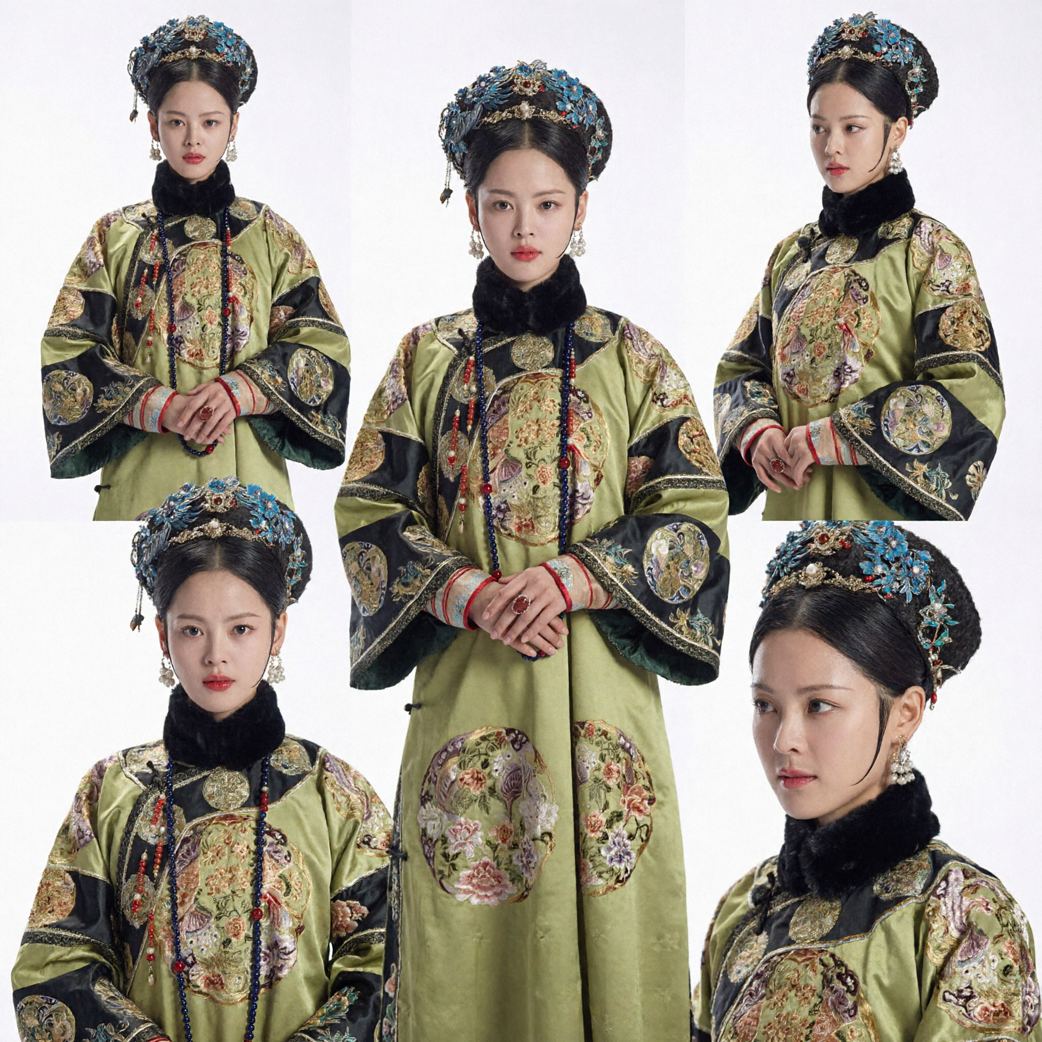 Traje de Noble Manchú de la Dinastía Qing China Antigua - Vestimenta Verde Bordada con Tocado para Cosplay Femenino - Asian Costume