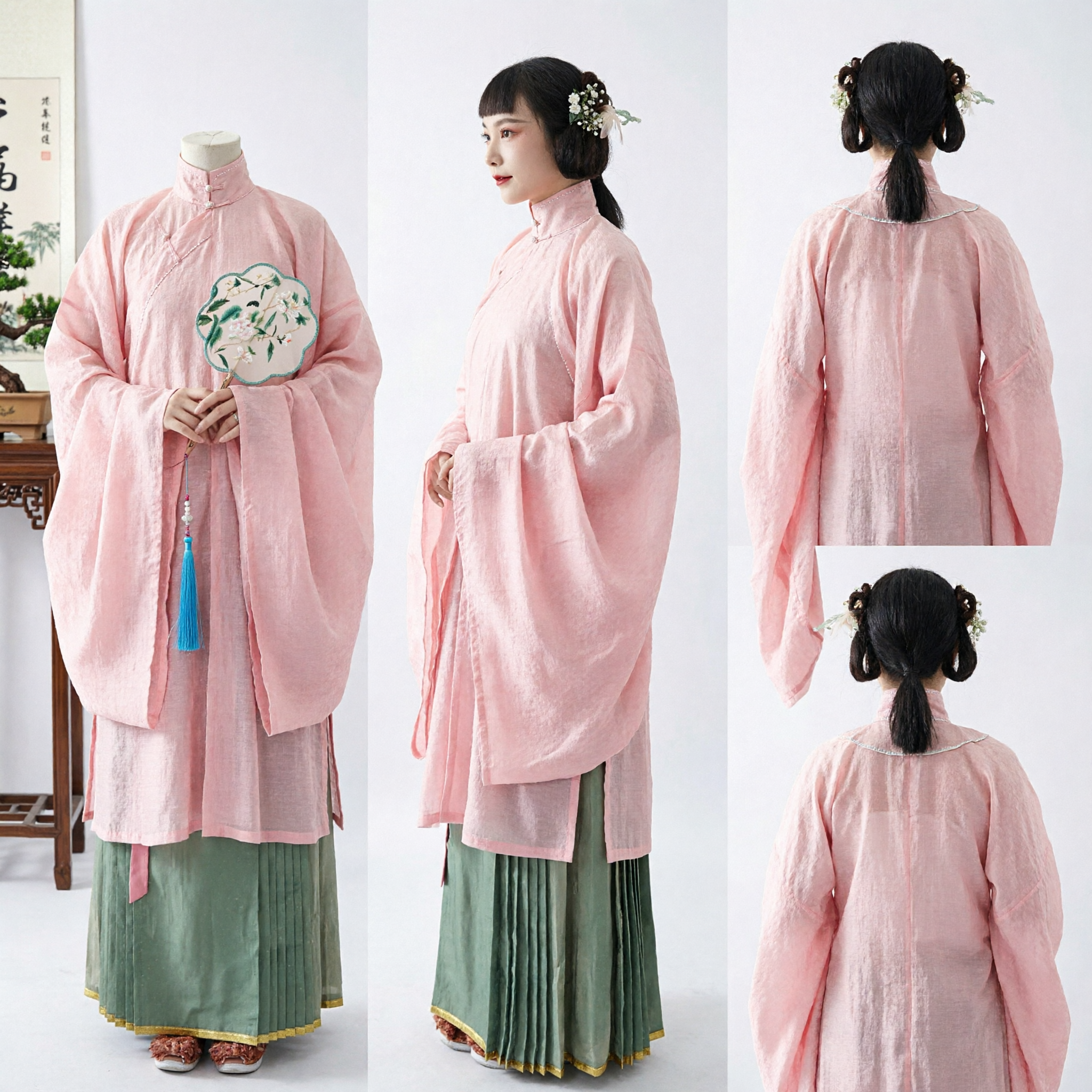 Conjunto Tradicional Hanfu de Estilo Dinastía Ming de Blusa Rosa de Manga Ancha y Falda Plisada Verde para Mujeres - Asian Costume