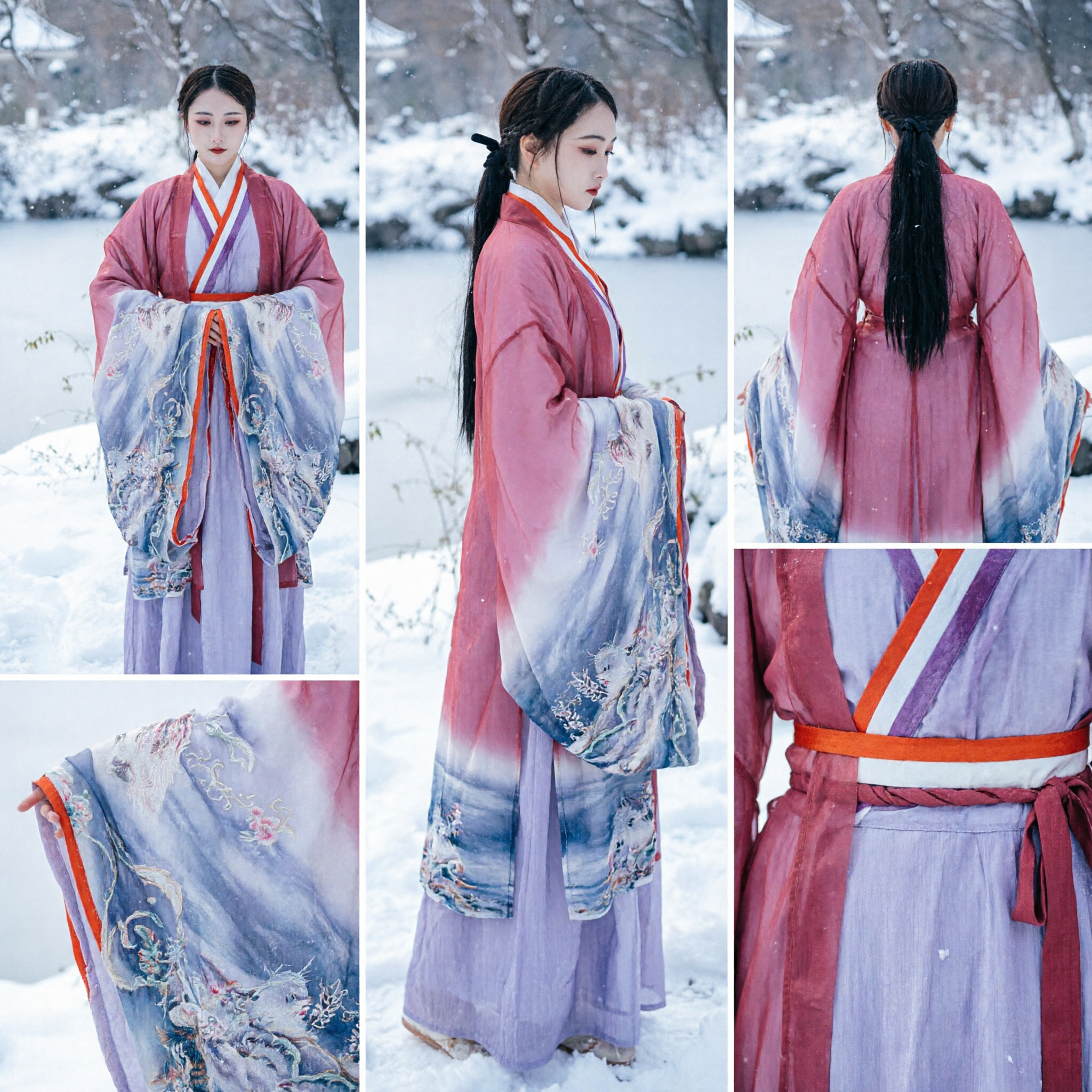 Hanfu traditionnel chinois pour femmes : robe transparente rose et jupe paysage violette, costume antique pour cosplay - Asian Costume