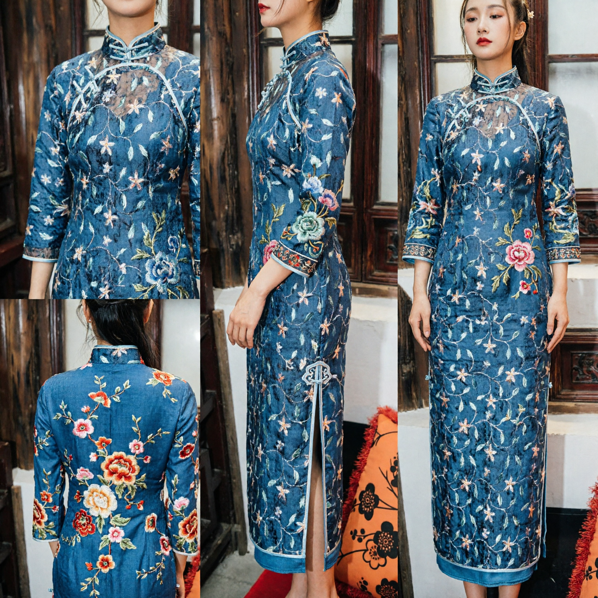 Elegante blauwe bloemenkant Cheongsam Qipao traditionele Chinese vintage jurk voor vrouwen speciale gelegenheid - Asian Costume