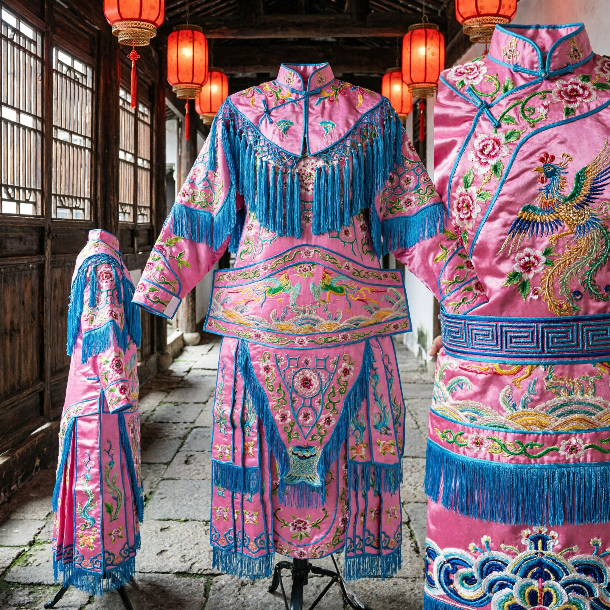 Traje de Ópera de Pekín Tradicional China Rosa con Bordado de Flecos Azules para Actuación Femenina en Escenario - Asian Costume