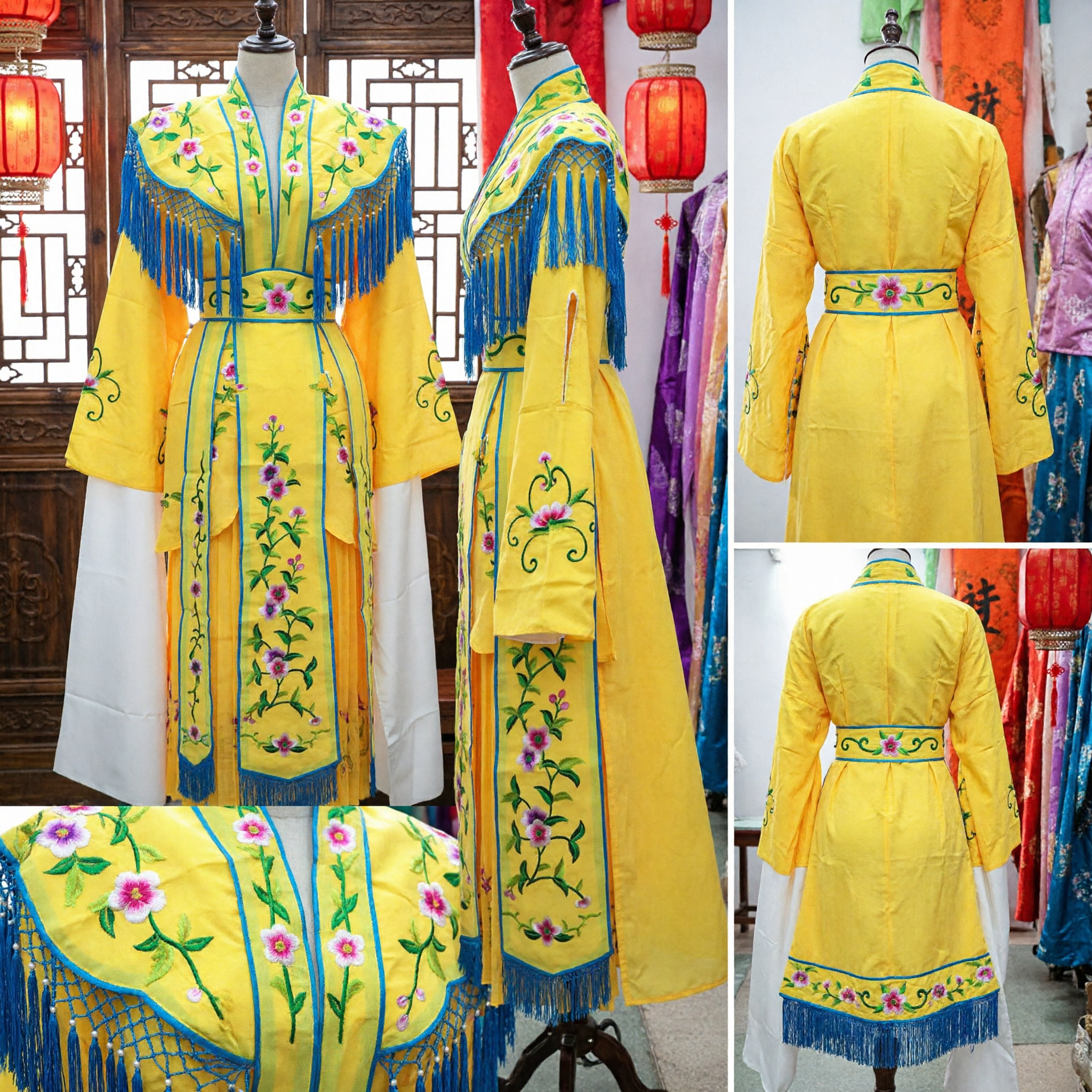 Robe Amarelo de Ópera de Pequim Tradicional Chinês com Bordado Floral e Mangas de Água para Performance no Palco - Asian Costume