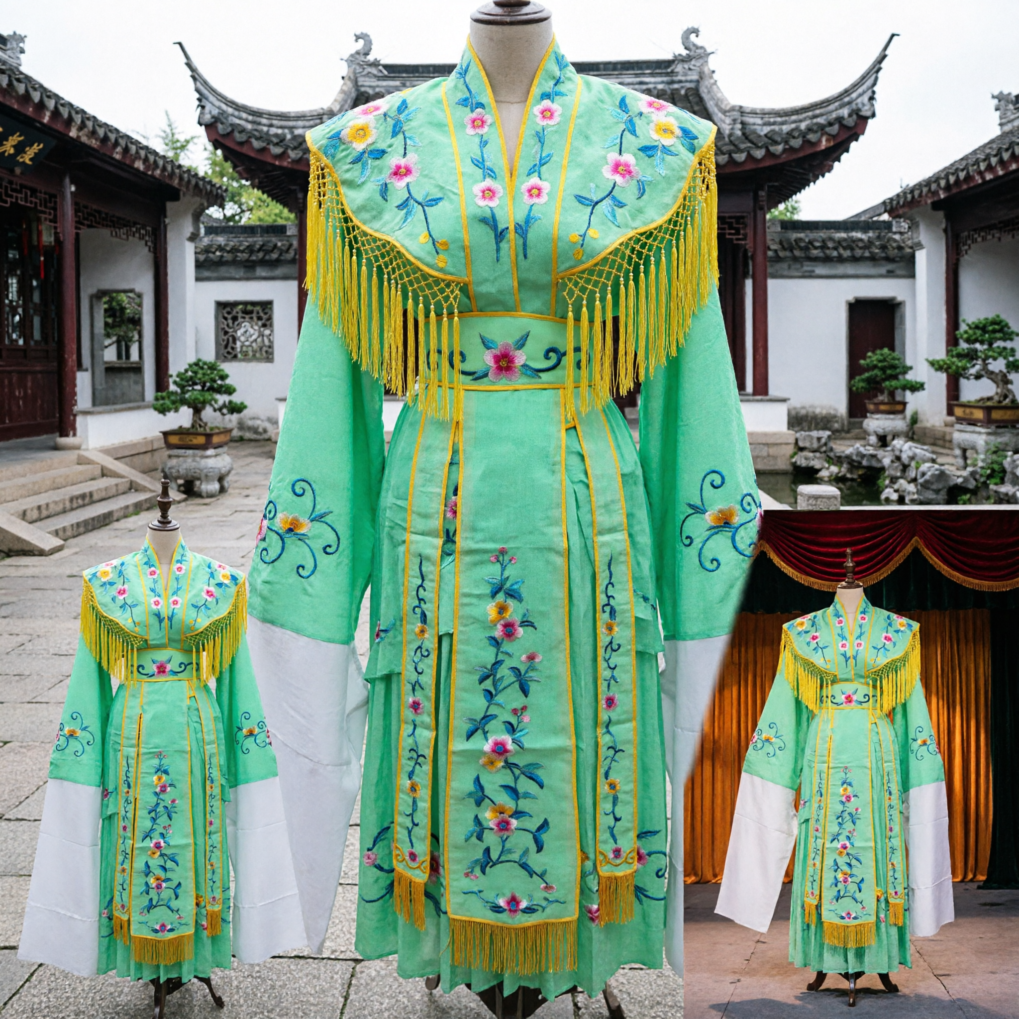 Traditioneel Chinese Peking Opera kostuum groen geborduurde vrouwelijke krijgersgewaad met watermouwen voor podiumoptreden - Asian Costume