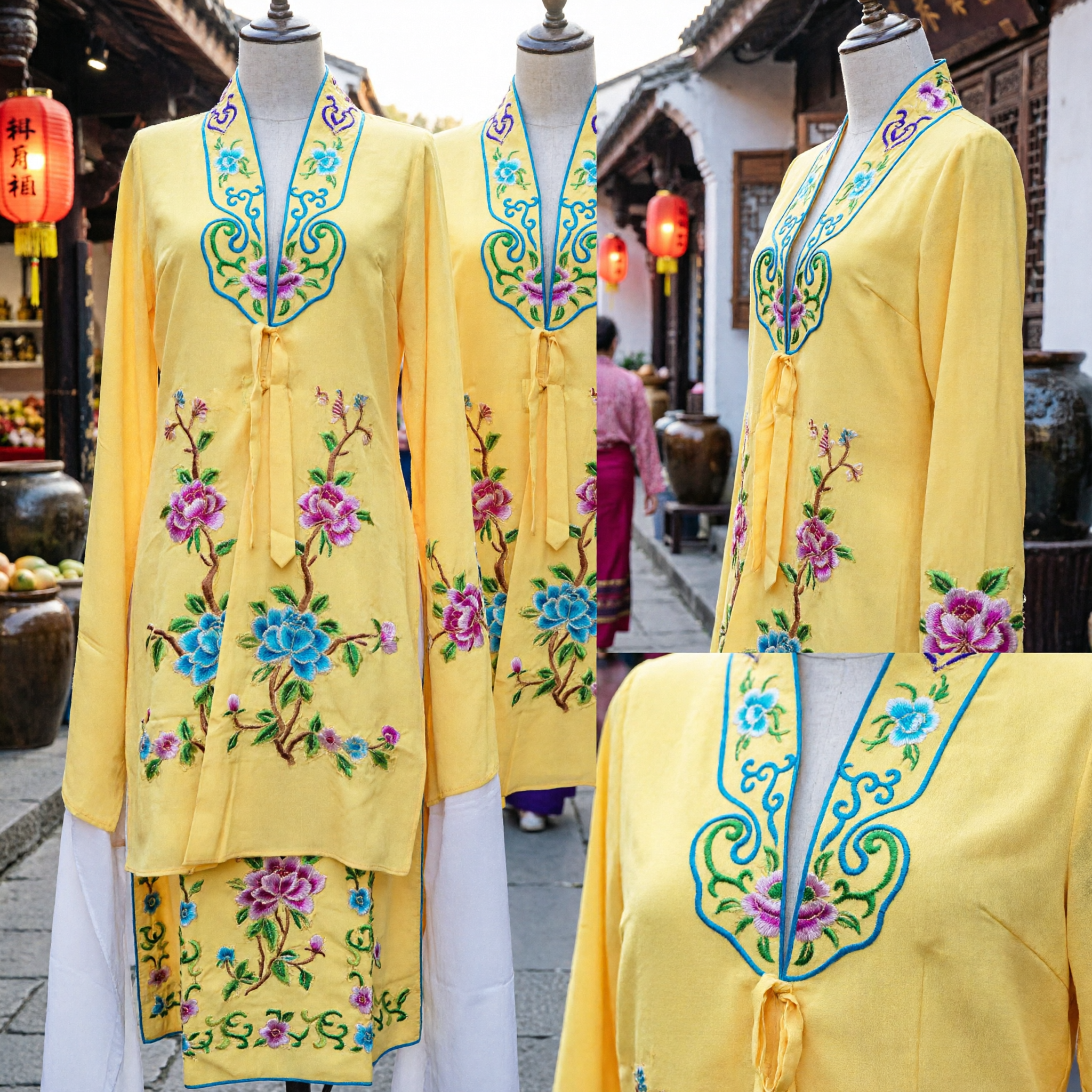 Costume da Danza tradizionale cinese Giallo Brillante con Ricamo Floreale per Donne, Completo per Spettacoli Folk - Asian Costume